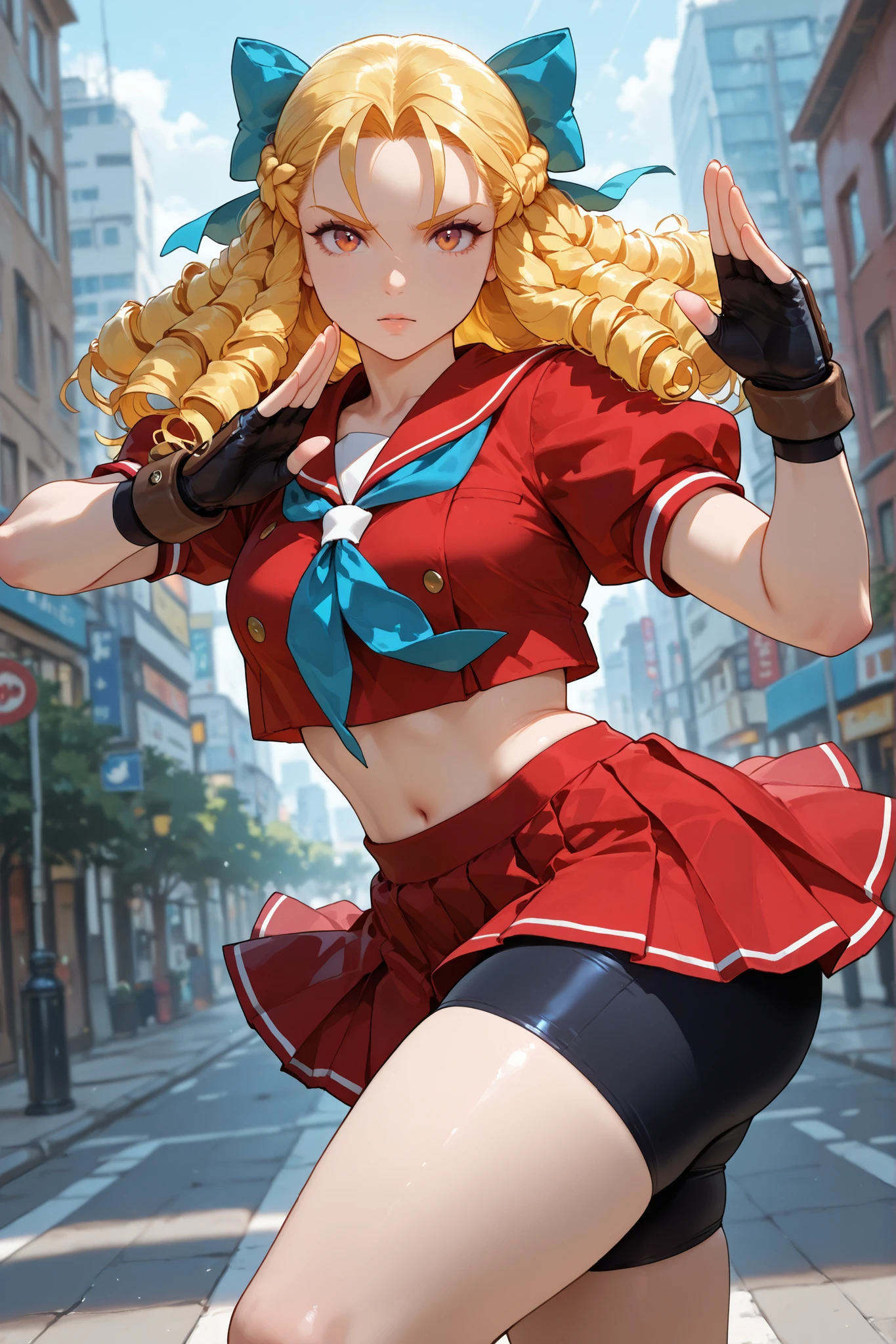 1girl, Karin Kanzuki, blonde hair, drill hair, hair bow, red sailor collar, short sleeves, red shirt, puffy short sleeves, blue neckkerchief, midriff, red skirt, shorts under skirt, fingerless gloves, outdoors, in a square, looking at the viewer, attractive, sexy, snobbish, dynamic pose, masterpiece, ultra-detailed, very aesthetic