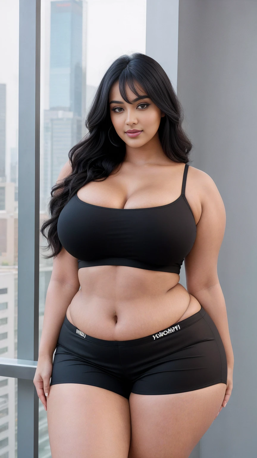 Radhika marchent Indian beautiful woman curvy plus size hour glass bulky huge figure woman, closeup camera view, big huge m-cup breast, wearing SHEIN Teen Girl Letter Graphic Cami Top & Shorts & Mesh Top Color: Multicolor , covered Bust , elegant standing position, eye contact view, different style hairstyle, bright eyes, thin eyebrows, fair skin, blushing cheeks, prefect head to toe view, full body, ideal for high-fashion or editorial shoots, ultra realistic skin texture, head to toe view, full body shot, full body view, smile face, black hair, Indian face, perfect skin tone light, ultra realistic skin texture, bigger waist, busty, big hips, fleshy thighs, thick thighs, busty, full body view, Lavender Field: Endless rows of fragrant lavender flowers.