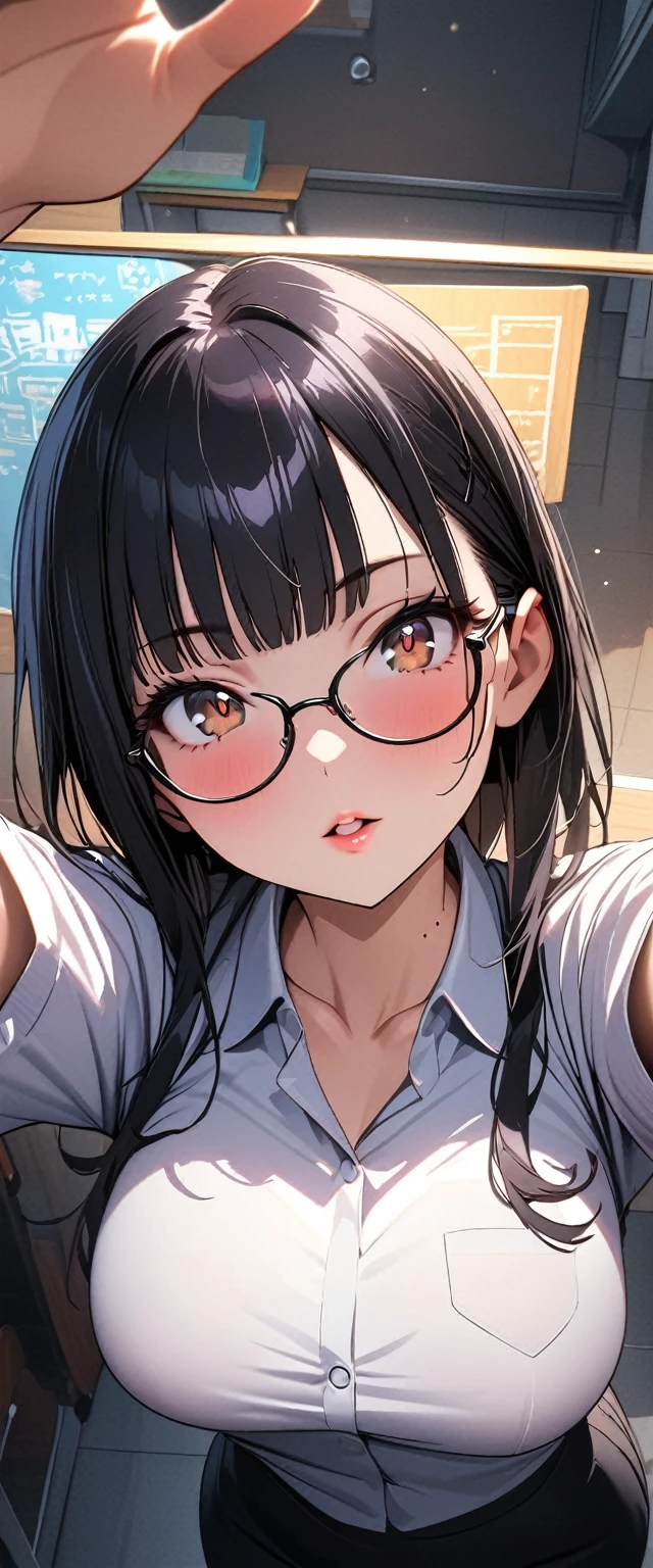ultra-detailliert, Best Quality, hight resolution, moe-anime, ((A cute girl with black hair and droopy eyes wears round glasses.)), Pretty eyes, Detailed eye depiction, Eye sparkle, Looking at Viewer, pale skin, (((Petite))), (big eye:1.4), a smile, Focus on the face, In the park where cherry blossoms dance, On all fours, (super close up of tongue), (((from above))), open mouth, (((face only:1.3))), ((See-through white T-shirt)), nsfw, saliva, Nipples are see-through, Bright eyes, Denim shorts