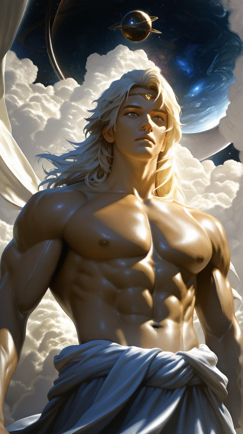 Dios del sol, angry man with appearance of muscular humanoid white lion and blonde mane with yellow eyes
