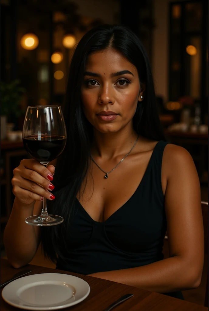 young latin woman, at a table in a restaurant, holding a glass of wine, High resolution image, low dark backlight and high resolution 8k