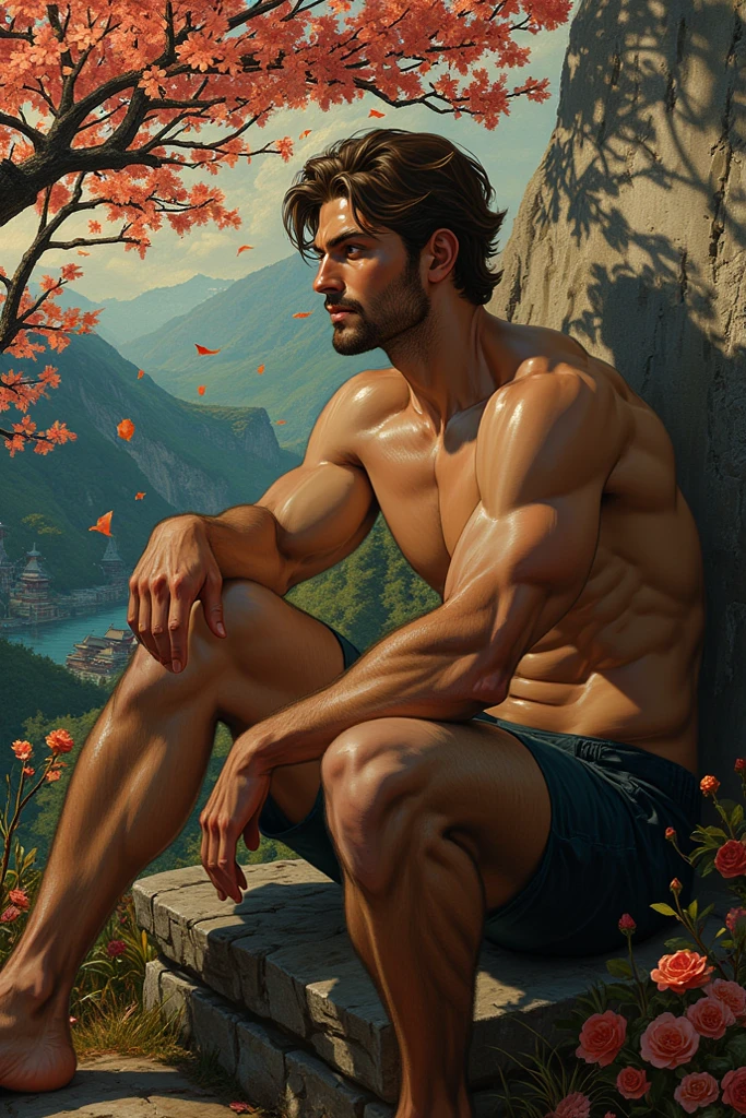 homoerotism illustration , symetric composition, oil painting in paul chabas and paul cadmus style, vivid colors, intricated details, A stunning naked young man by the window standing view from behind him, watching the snowy day in the forest, in the living room with large window to see the forest, shirtless, pantless, barefoot, and gazes directly at the viewer with bright blue eyes and a happy expression. His black hair falls across his square chin, and his full lips curve upward in a smile. The lighting is warm and intimate, casting no shadows. In the background, cotton fields stretch out behind a grand plantation house. Focus on ultra-detailed rendering of his pecs, abs, biceps, and shoulders, with a hint of waist definition. The painting style is classical, with an emphasis on fine details like skin texture and facial features. The young man's body tilts slightly to one side, drawing the viewer's eye to his smooth and delicate skin. His eyes are big and delicate, open wide in a sensual gaze that seems to beckon the viewer closer. The overall atmosphere is one of lustful intensity, with deep colors and a sense of intimacy. The depth of field is 1.2, allowing for a clear view of the subject's abdominal muscles