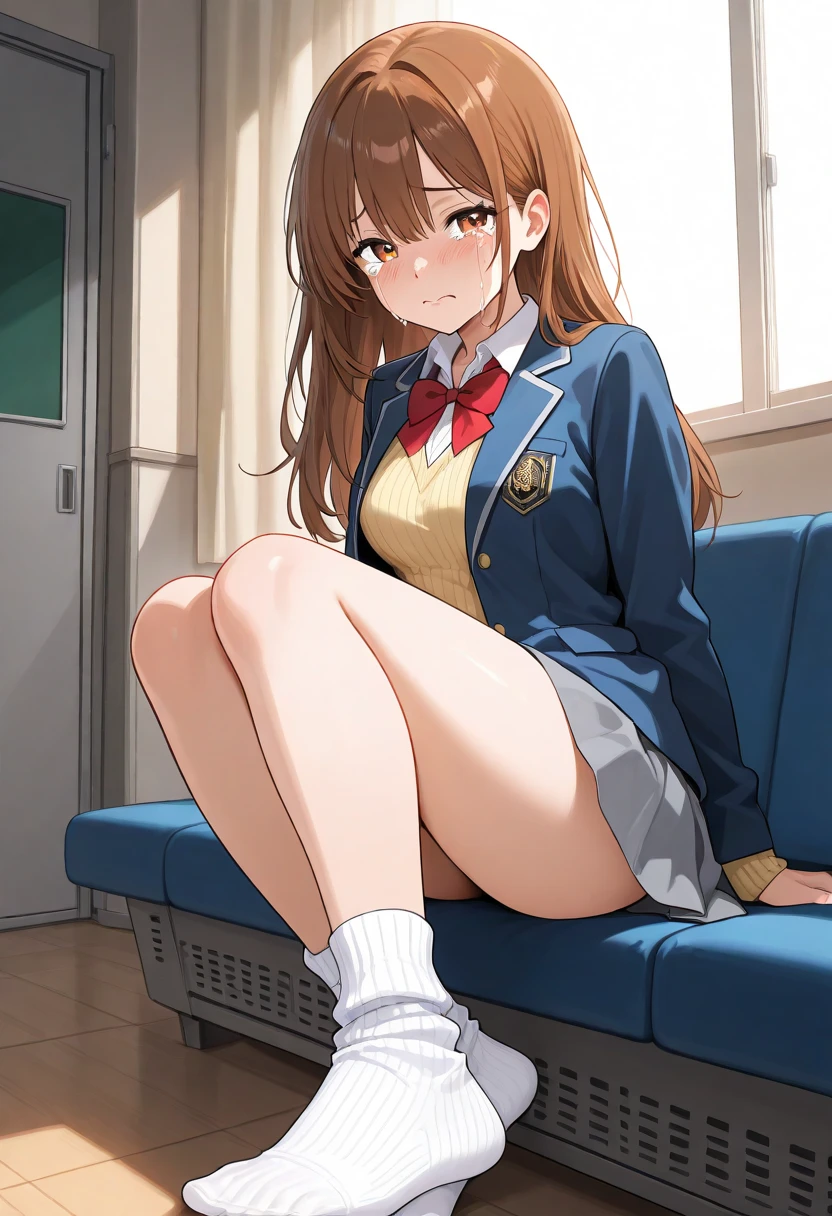 (masterpiece、highest quality、High resolution、Realistic photo、Real looking skin:1.1)、
(A high school girl is sitting on a long seat on a train:1.8)、
(She sat across the aisle from me.、Just open your legs、Because she shows me her panties、I&#39;m looking straight at the panties:1.8)、
(Please provide a picture of the composition seen from the front.:1.8)、
(She has a provocative, smirking look:1.5)、
(She is wearing a navy blue blazer from her high .:1.5)、
(She is wearing the gray miniskirt of her high school uniform:1.5)、
(she is wearing black loafers:1.5)、
(She is wearing loose socks:1.5)、
(She wears socks of the same color and length on both feet.:1.8)、
(The panties are simple pink cotton.:1.5)、
(Her hairstyle is long brown hair.:1.5)、
(The location was a long seat on the Yamanote Line late at night.:1.8)、
1 Japanese Girl、solo、Full Body Esbian、Beautiful Eyes、Shining Eyes、Shining thighs、NSFW