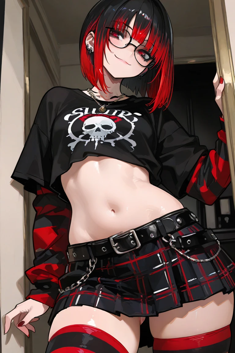American tomboy girl, canadian black t-shirt, short pink-red pledge skirt, pink-red short  hair, rock music, black long sock, sexy, black choker necklace