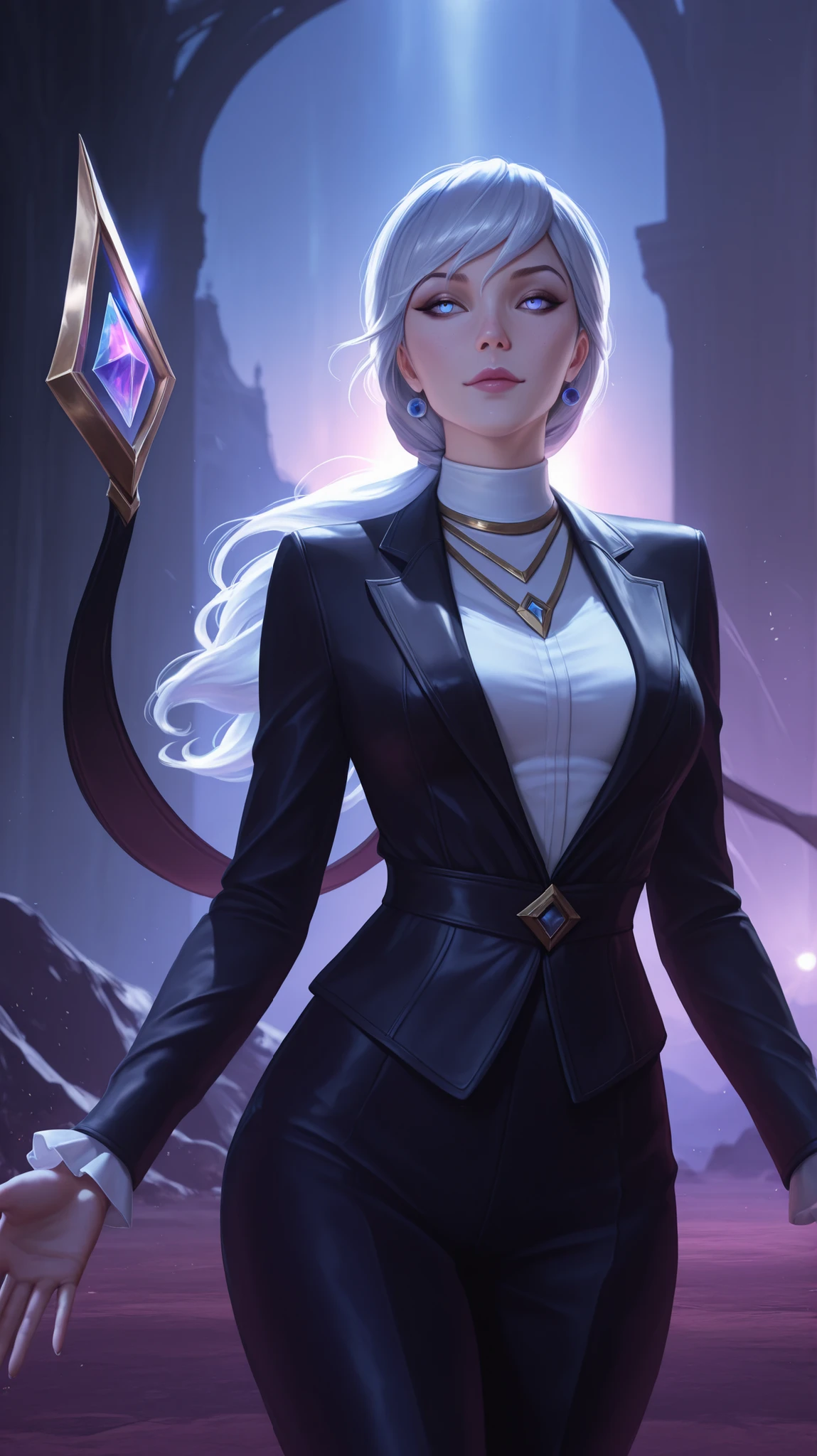 Evelyn from league of legends, Black suit, White shirt, Walk with elegance, elegant woman, detailed facial features, serene expression, graceful pose, atmospheric lighting, cinematic environment, fantasy landscape, digital art, 8K, photorealistic, studio lighting, physically-based rendering, vibrant colors, chiaroscuro, masterpiece, Sharp focus, 16k, unreal engine, digital art painting, ultra-realistic, smooth skin texture,