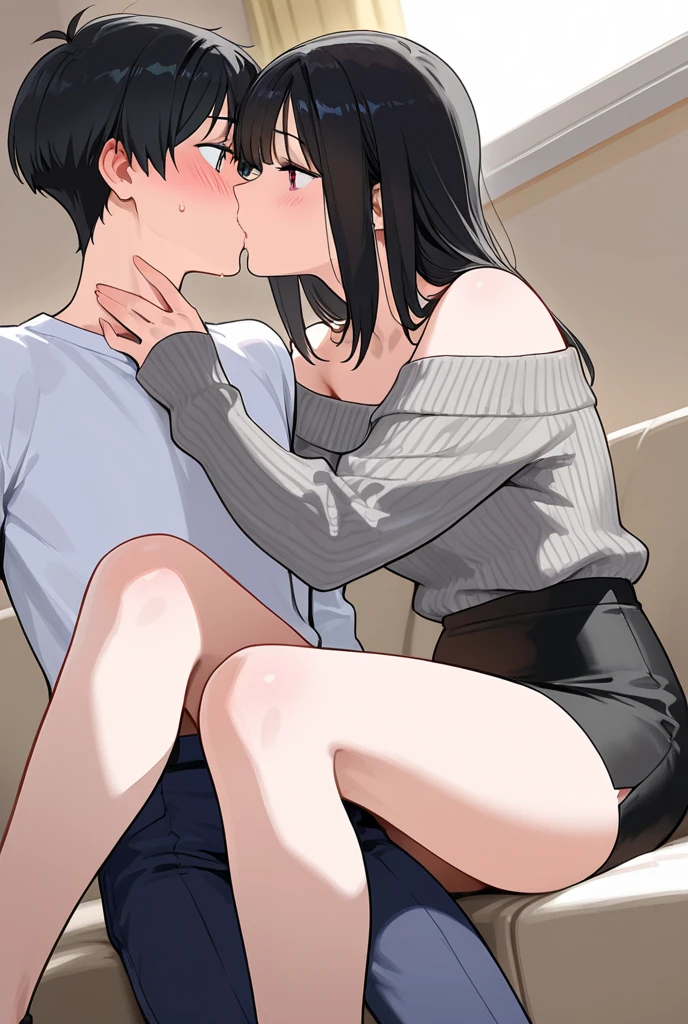 A married woman wearing a denim miniskirt and showing off her lace panties squats down and gives a blowjob to a man standing there with his small penis、Cum on face
