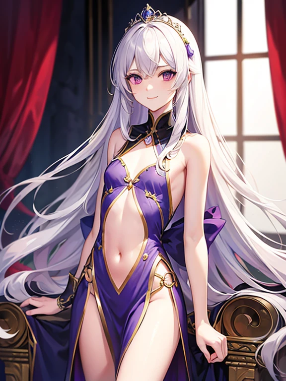 Masterpiece, best quality, 1girl, rain, messy hair, incredibly long hair, smile, shyness, gray hair, purple eyes, delicate jewelry, navel