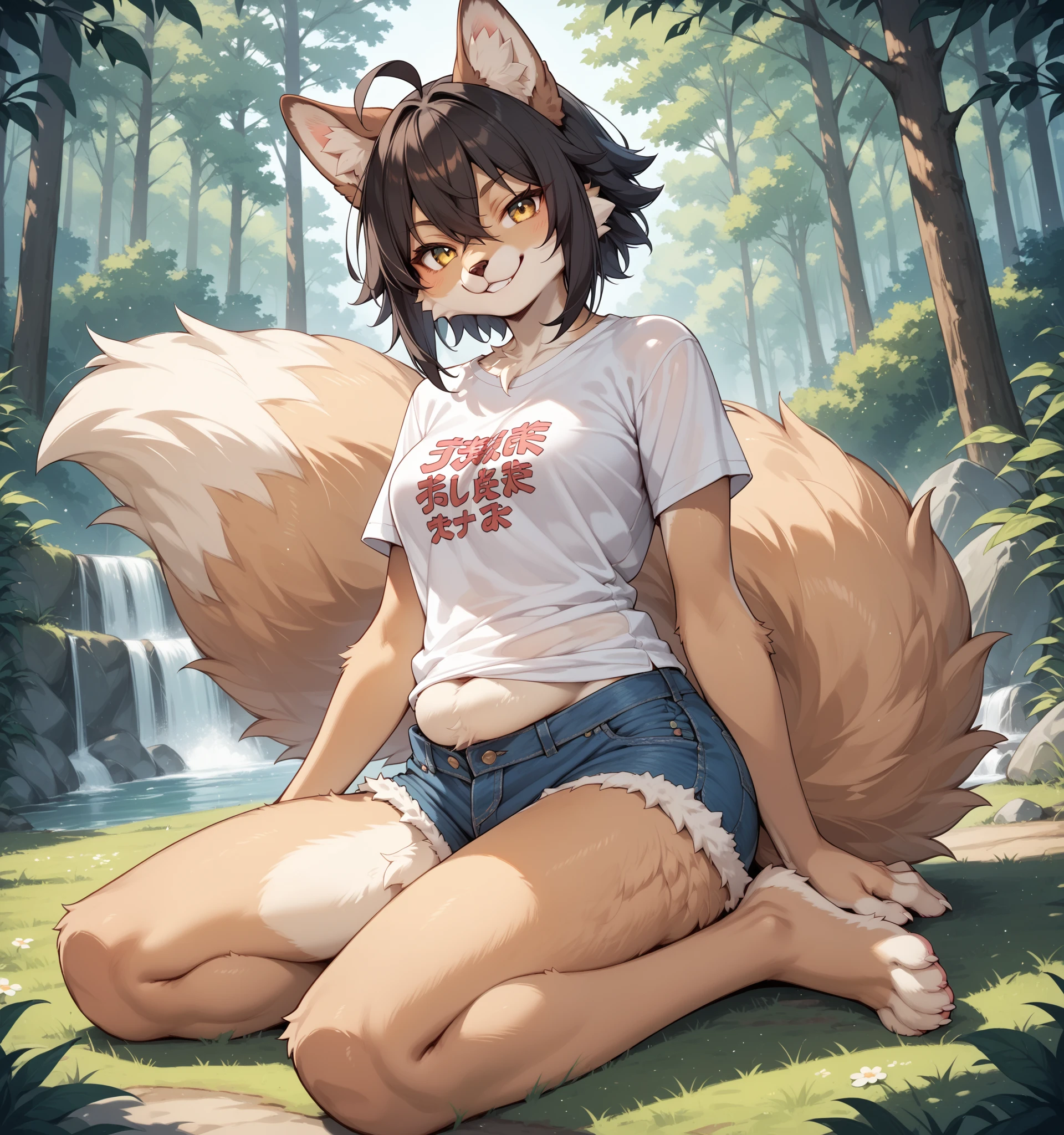 very cute slim dog girl, nsfw ((dog ears)), ((dog tail)), kneeling on her knees, extremely happy, crazy, and excited expression, beautiful detailed eyes, outside at a park (lush greenery), playful pose, (((wearing oversized shorts))), (((shirtless))), (((exposed small breasts))), soft sunlight, 8k, UHD, masterpiece, vibrant colors, detailed background, fresh atmosphere, light breeze, serene environment, nature elements, bright sky