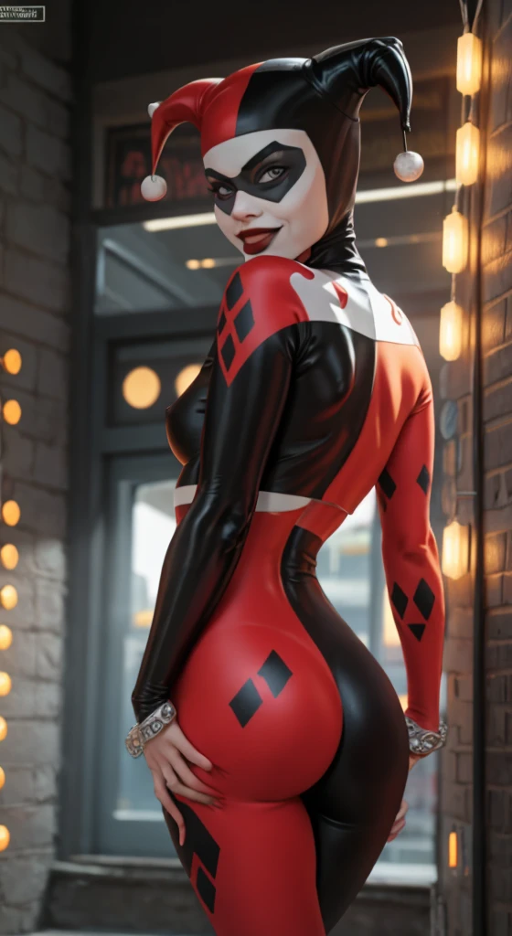 A sexy Harley Quinn from DC Comics. High-resolution artwork, vivid colors, and sharp focus. Extremely detailed face with beautiful eyes, detailed lips, and long eyelashes. Emphasize her mischievous grin and playful expression. She is wearing her iconic red and black jester outfit, with a mini-dress, fishnet stockings, and black boots. Her outfit should be vibrant and eye-catching. The background should be a dark and moody Gotham City alley with hints of neon lights and graffiti. Captivate the essence of her character, her both seductive and dangerous. The artwork should have a comic book style, with bold lines and exaggerated features, sexy, naughty, rear view