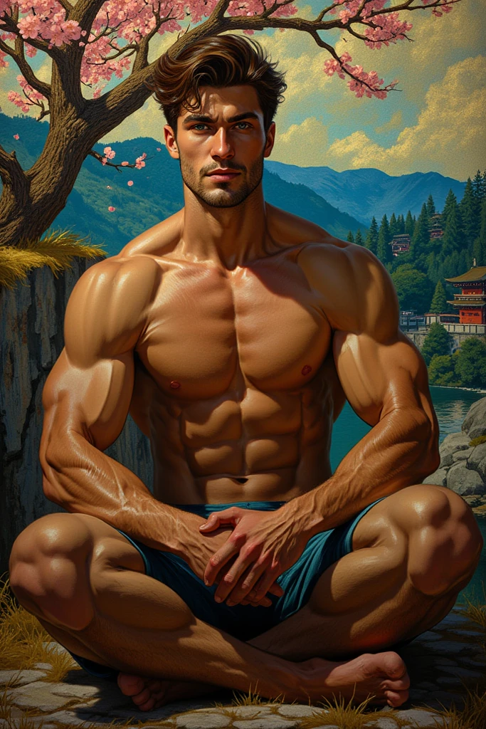 Young men、The background is a landscape、He is very muscular and has a dragon tattoo on his arm.、Blue eyes