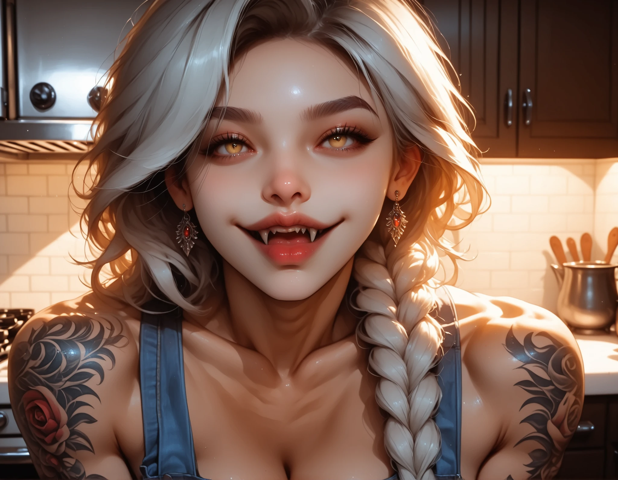 kitchen_interior, warm_tones, soft_texture, 1girl, solo, white_hair, long_hair, braid, yellow_eyes, fangs, large_breasts, muscular_female, chest_tattoo, arm_tattoo, neck_tattoo, apron, tank_top, jeans, happy, side_view, (detailed_face:1.3), (sharp jawline), (high nose bridge:1.2), full lips, soft skin, refined cheekbones, glowing_skin, arched eyebrows, visible philtrum, (cinematic lighting), (volumetric_lighting), rim light, soft shadows, (lora:Yandere Queen:0.85), (lora:SDXL high detailed. LoRA_SDXL_ARW_0010:0.75), (lora:Waifu Eyes:0.5), (lora:NKxXmo's Shaded Face:0.5), (lora:NoobAI-XL Detailer:0.6), (lora:Detail Tweaker:0.65), (masterpiece:1.2), (best quality:1.2), ultra detailed, 8k, watercolor, ((forced_perspective)), (Diminishing scale perspective:1.3)