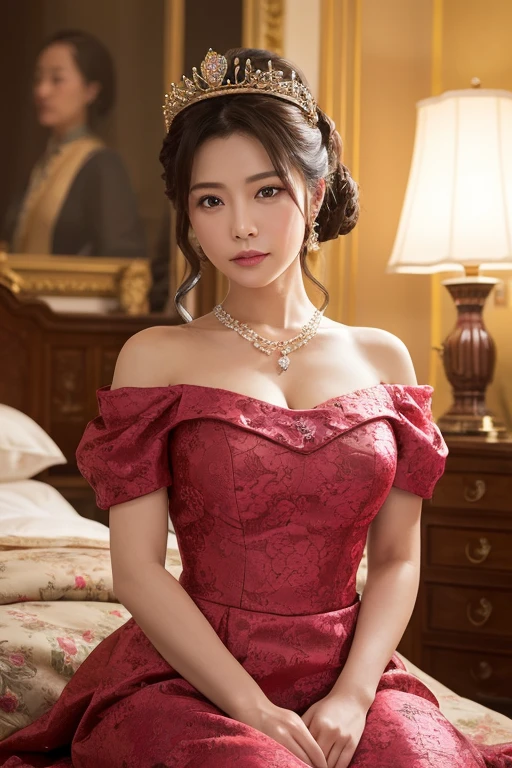 off shoulder dress, open chest, deep cleavage, pearl necklace, pub, puffy sleeves