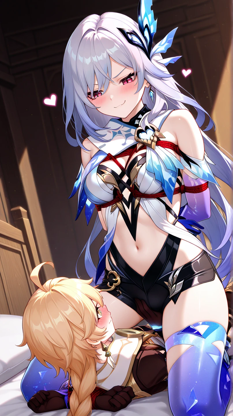 (masterpiece:1.2), (highest quality:1.2), perfect eyes, perfect face, perfect lighting, middle ages, bed, 1 boy,blonde aqua eye, ((((((hair over one eye)))))), Braid Styles, spiked hair, blunt bangs, bob hair, a braid, Ahoge, ((((white bikini armor)))), cute eyes, medium breast, glaring, open mouth, ((from above)), ((front)), arms behind back, Vivid depiction, ((spread legs)), orgasm, scared, , abs, ahegao, smile+happy, fang, spoken heart, ((face close up)), ((contemptuous)), ((disdain))