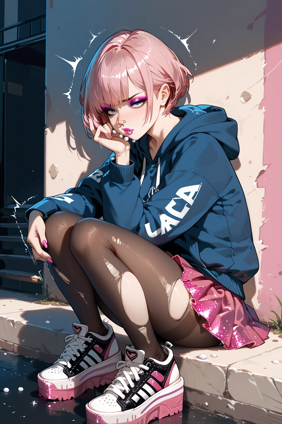 Clove, choker, black hair, blue eyes, short sleeve jacket,(layered sleeves),(very short hair,short over long sleeves), white sleeves,hair ornament,earrings,multicolored hair, jewelry, belt,makeup, short hair,eyeshadow, zipper, lips, black choker, two-tone hair, jacket, nose, pink hair, freckles, pink jacket, hood, (black pantyhose), pouch,open jacket, piercing, black shirt, eyeliner,gradient hair, shirt, thick eyebrows, ear piercing,heart, mascara, purple shorts,eyelashes,black legwear under shorts,short shorts, clovcos