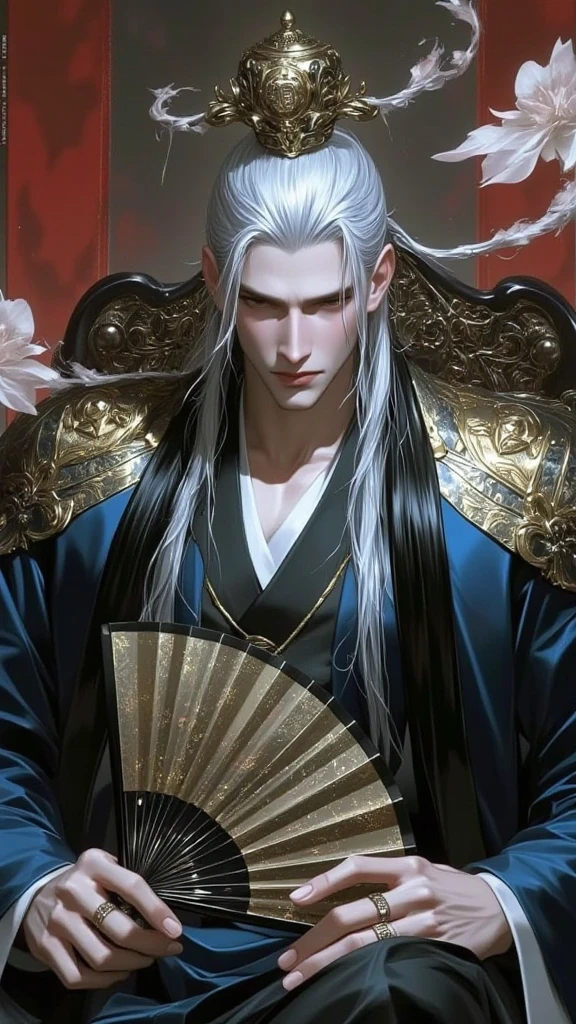 arafed image of a man sitting on a chair with a dragon, beautiful male god of death, by Yang J, white haired deity, loong, heise jinyao, with long white hair, handsome guy in demon slayer art, flowing hair and long robes, inspired by Huang Shen, inspired by Guan Daosheng, inspired by Hong Ren
