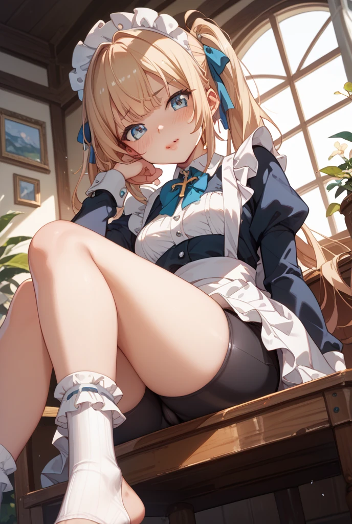 1girl in, (No Panties),(OPEN twat), length hair, blue eyess, blonde hair, diadems, sitting on, I don't wear any underwear、A pose where you can be seen from below、Spreading legs with both hands、full view, doress, the bow, The card, pinafore, shairband, PlayingCards, looking at the viewers, shortsleeves, the bow of the hair, blue hairband, a smile, red blush, hand on own face, blue dress, alice(alice in Wonderland), hair between eye, a chair, Black pantyhose, blue the bow, a throne, puffy sleeves, Put your hand on your cheek, bangss, apron dress, shortsleeves, bow ribbon、very long hair、mini crown、foot out of frame、frilld、white pinafore、:q、masterpiece、top-quality、((lifted skirt、Pussy、camel's toe)))、SEX、NFSW、anus,