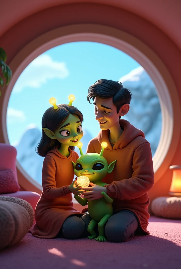 A 3D Pixar-style cartoon scene of Strong, a cute green alien with ...