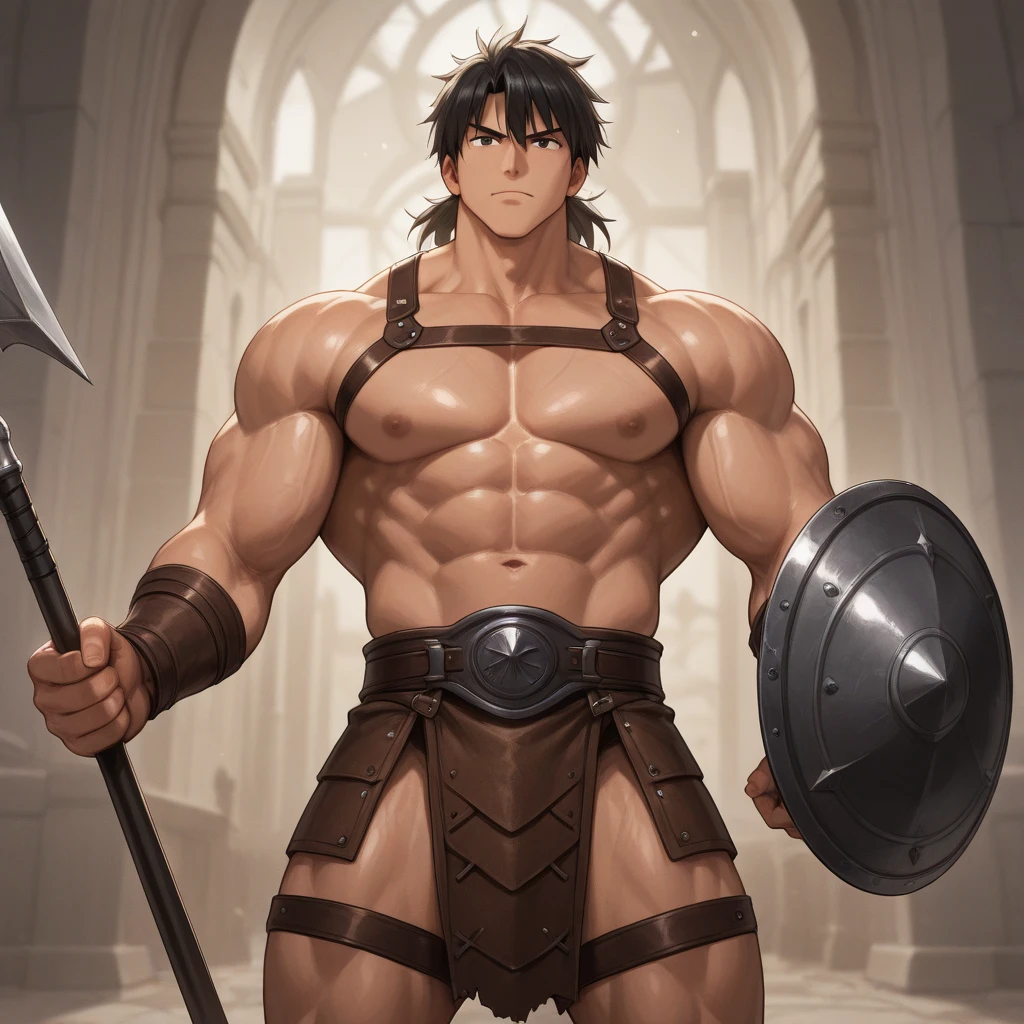 high quality, detailed, (19 years old japanese bulky Gladiator boy), (detailed black eyes), (black short hair), (muscle:1.5), (dark skin),  dungeon, leather crossed harness, (leather tiny thongs), (bulge:1.2), candle, (detailed y nippdetailed areola)