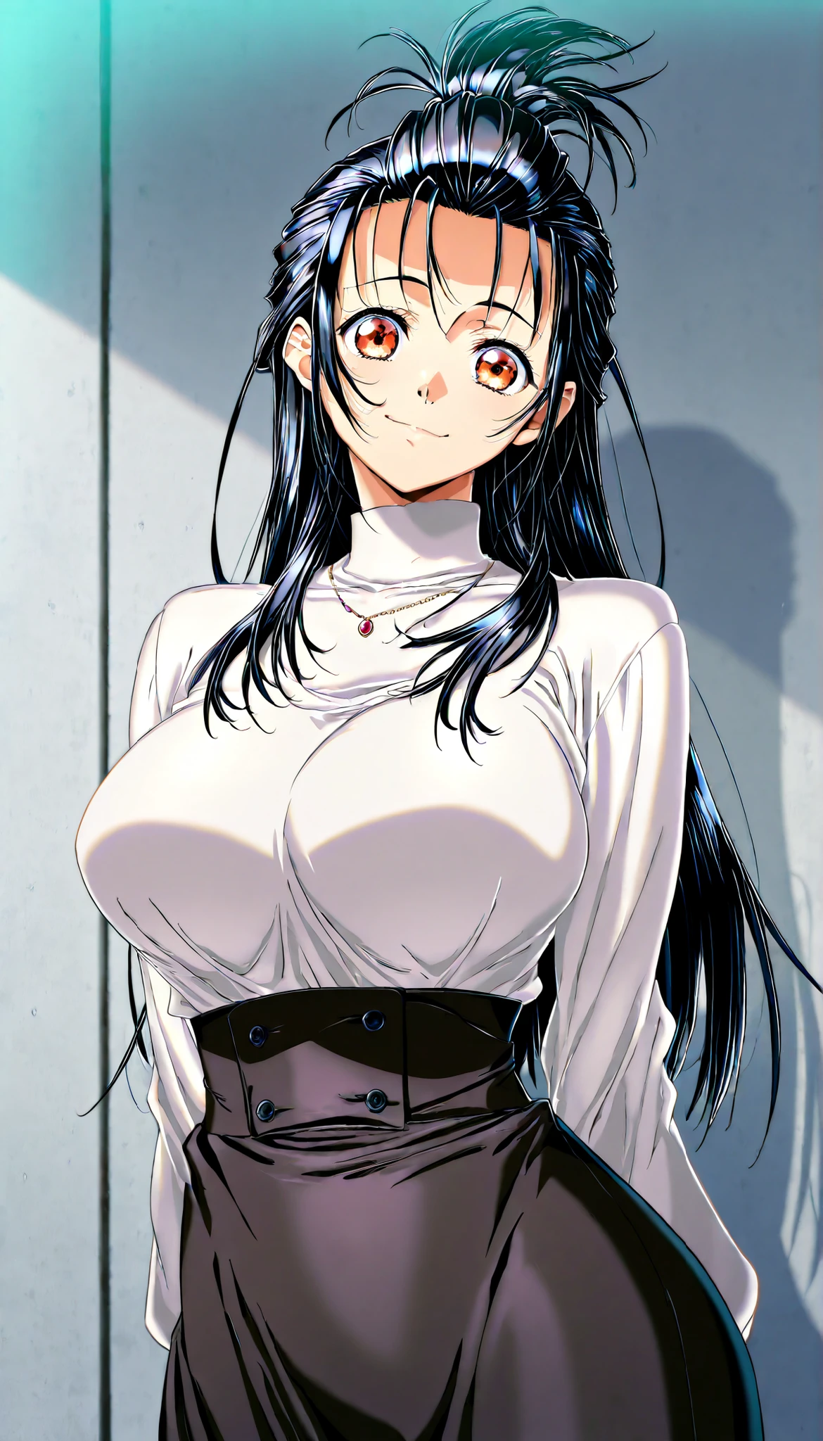 (Yokota Mamoru style),masterpiece, Highest Quality, newest, high definition, 1 girl, ,Line of Motion,very straight nose， slim,Narrow Face,perfect nose,stare at the viewers,charming smile、(face up:1.4),surrounded by wedges、Mature Woman、anime、mother 、40 year old supermodel high waist skirt underwear visible,
