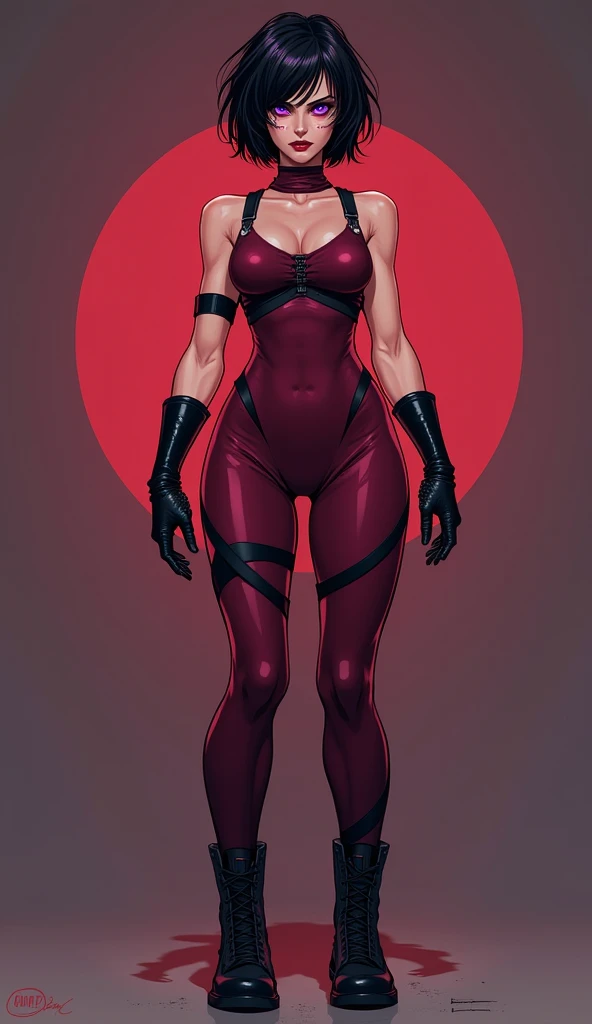 (Score_9, score_8_up, score_7_up, seductive face, tall, shoulder tattoos, chest tattoos) arms to sides, solo, 1futanari, mortal kombat, eyes, eyeliner, black lips, dark brown skin, (black wavy hair, red highlights,) ponytail, bangs, red x-strap dress, big breasts, bare shoulders, red handwraps, silver armlets, red waist armor and belt, pelvic curtain, exposed huge penis, flaccid penis, precum, black accents, silver decorations, silver ringed necklace, bare thighs, red wrapped legs, septum ring, Nyantcha Style, source_anime, rating_explicit