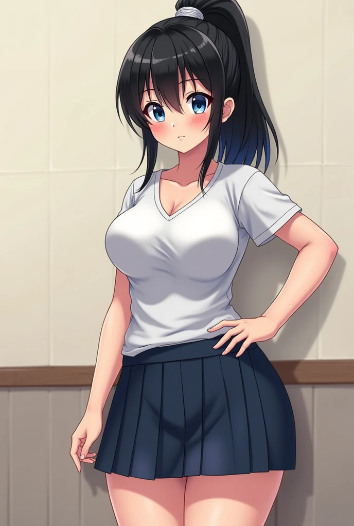 1 hot girl, dark hair, dark grey eyes, grin, gorgeous, aasugu, short hair, hairclip, school swimsuit, large breasts, pantyhose