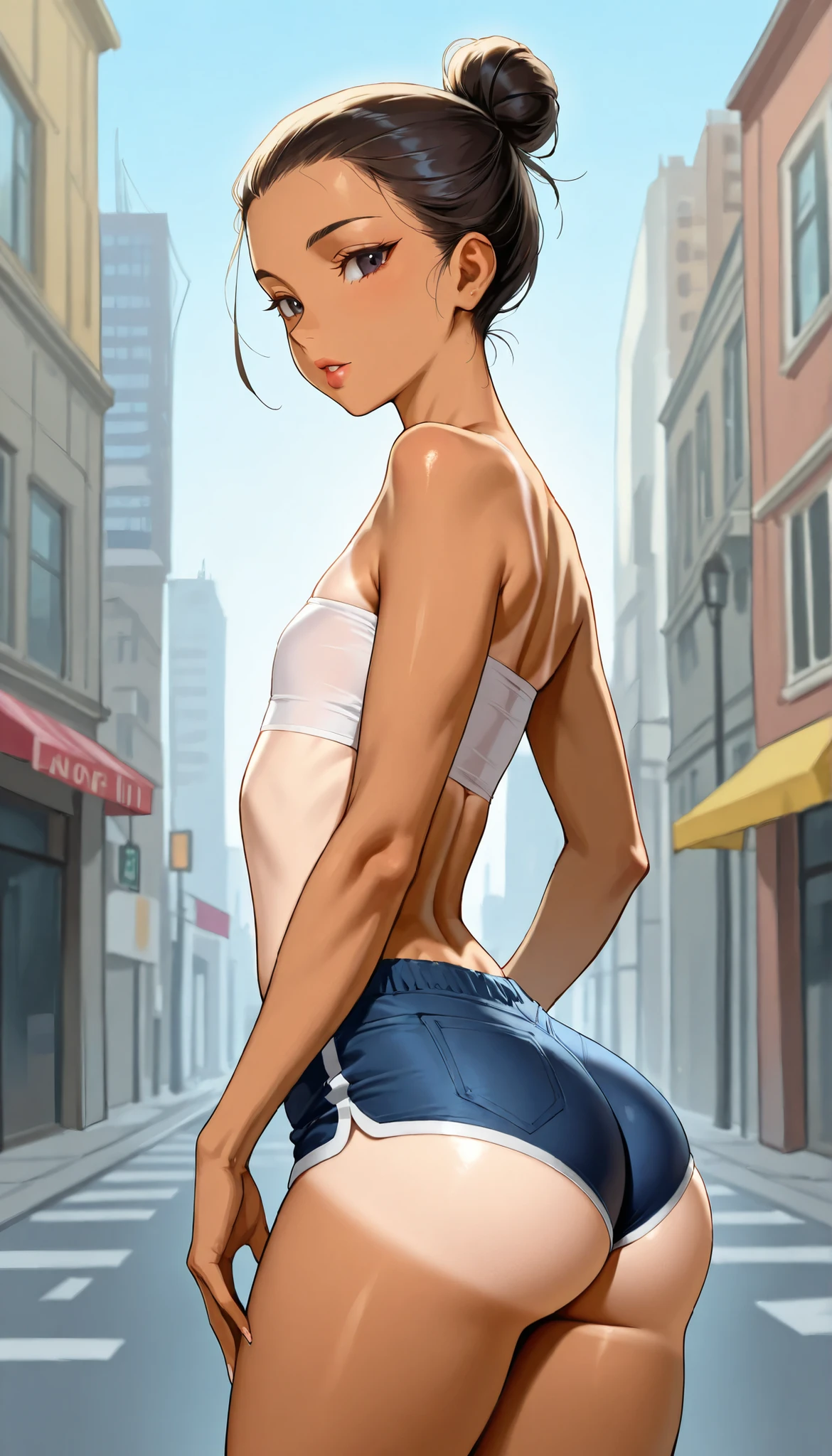 masterpiece, UHD, detailed, source_anime, full lips, light golden tan skin, small white tube top, flat chest, tight small shorts, toned, bubble butt, athletic, slim, EMedvedevaSkater, famous girl, RainbowFoxPDXL, sunny day at city, dark hair, hairbun, dark eyes, young slim sportsmen, perfect body