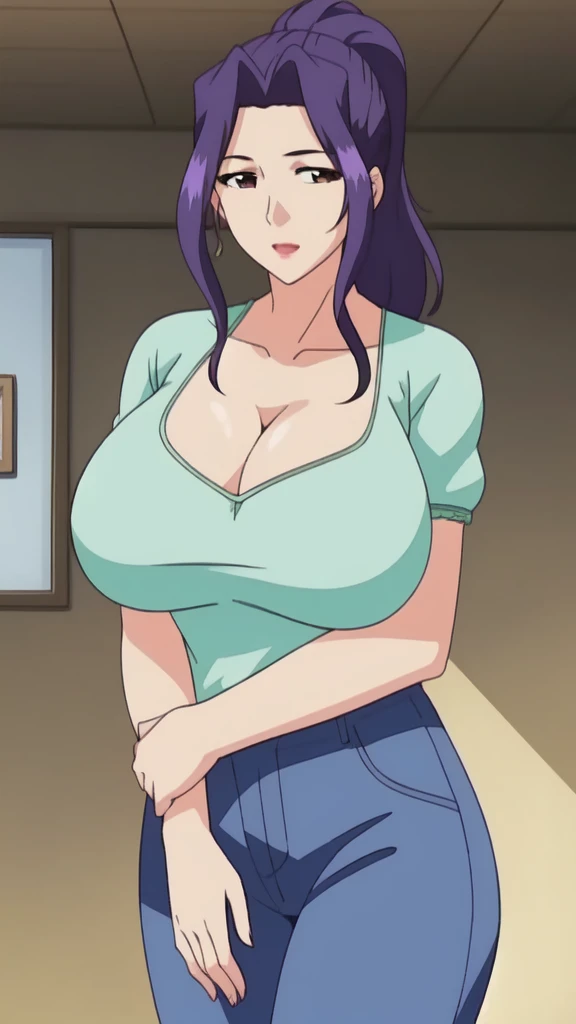 all fours, white t-shirt, black pleated skirt, (night forest background), (firecamp), NJAkiV4, takeda hiromitsu style, anime cels style, best quality, high resolution, (gigantic breasts:1.3), cowboy shot, blush, smiling, (purple eyes), blue hair, long hair, nijou aki hairstyle, (looking at viewer)