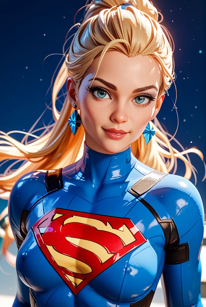 Elsa-Super Man Fusion, Roupas do Super man, Cabelos brancos da Elsa, melting, 1girl, Latex bodysuit, Beautiful, (master part:1.2), (melhor qualidade:1.2), ((pose de luta)), ((campo de batalha)), cinemactic, olhos perfeitos, pele perfeita, perfect lighting, sorrir, luz, cor, pele texturizada, detalhe, Beleza, maravilha, ultra-detalhado, rosto perfeito