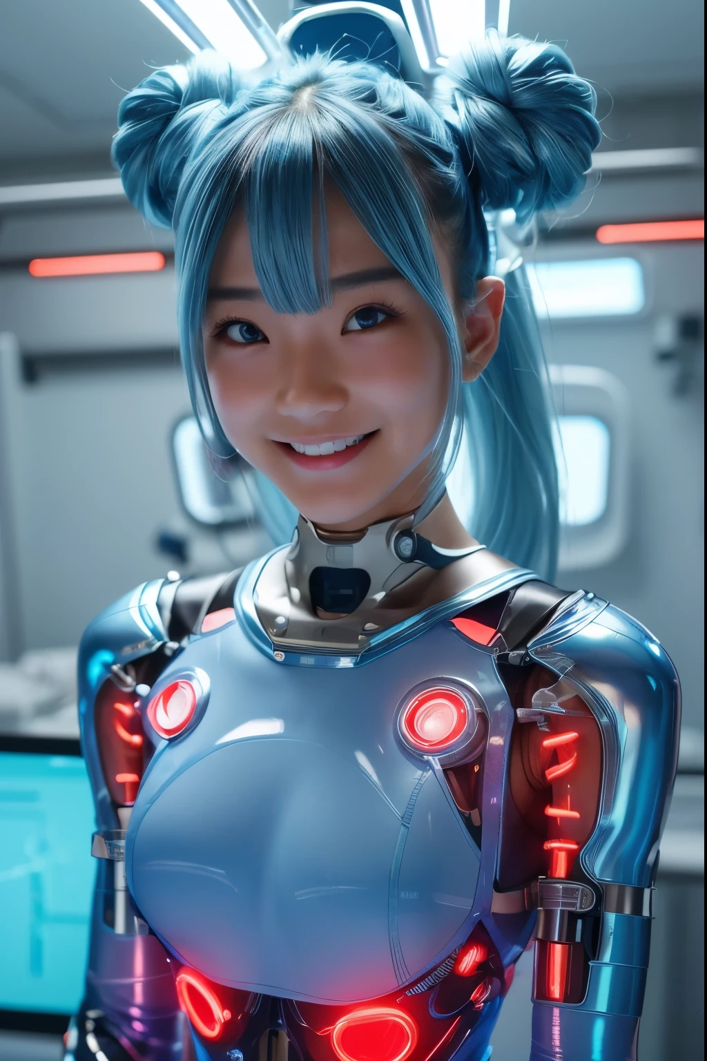 ( Highest Quality , high image quality, masterpiece:1.2), Very Detailed, exists:1.37, ( perfect anatomy ), full body, cowboy shot, cute and perfect 20 year old Japanese female athlete,( Cyborg transformation surgery ),( smile:1.2), Beautiful eyes, fine facial features, ( smile), pay attention to the details of the costume , white skin , great eyes, beautiful lips, light blue hair,bungs,,(The light blue athlete costume is transformed into a futuristic, super tight, shiny PVC cyborg plug suit1.3),( Neon light inside the body :1.2),, bangle, Hyperchest, cyberpunk, elaborate decorative details ,( natural cosmetic) ,(background: Cyborg surgical operating room with advanced digital equipment and monitor screen :1.2)