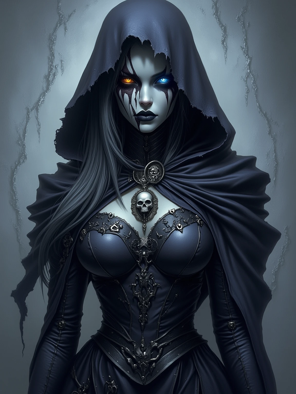(16k, masterpiece, best quality), ultra-detailed, detailed beautiful round eyes, beautifully detailed face, high quality, high resolution, a female necromancer appeared from the fog with an army of undead, in the darkness of the night, an evil face, big breast, mature women, -upscale --s2