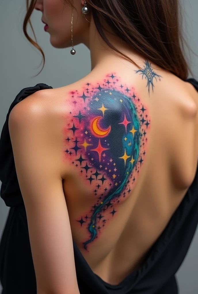 Tattoo design for a woman, delicate, of fine lines and on the back, little. May it have a sun, a moon, a star and planet earth.