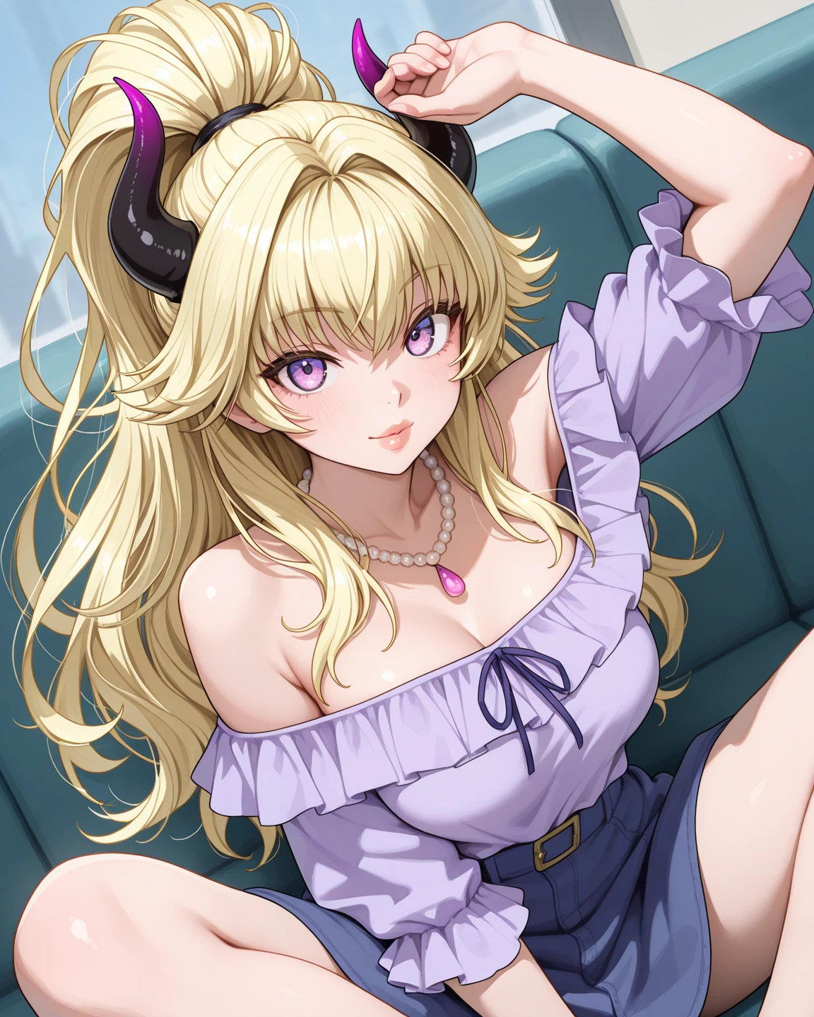 Solo, female, cat ears, long white hair, dark pink eyes, huge woman, tall, broad shoulders, large breasts, bedroom, white furry claws, furry arms below the elbow, pink negligee, smile, tan skin, white and brown fur, close up, bag wings, huge scorpion tail, shy smile