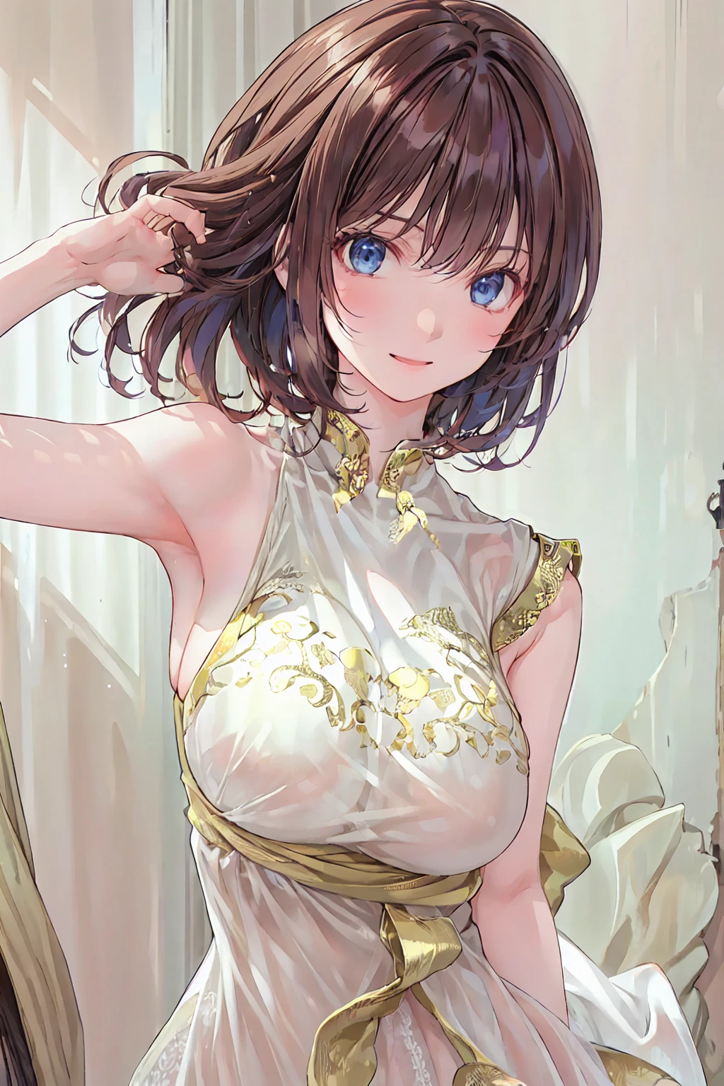 absurdres, RAW photo, extremely delicate and beautiful, masterpiece, Best Quality, ultra high resolution, 32k, hyperrealistic, ultra-detailed, detailed description, pale skin, 20 years old, detailed beautiful face and eyes, tearful mole, earring, very huge round breasts, short medium hair, wavy hair, full body shot, cheongsam, halterneck,