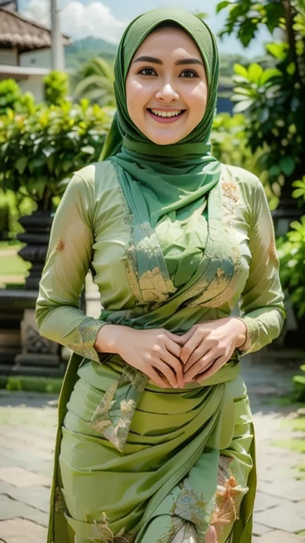 ( Close Up),RAW, Best quality, high resolution, works: 1.3), Beautiful Malay woman in hijab, Masterpiece, fit body, big breasts, beautiful big eyes, Soft smile, beautiful face, woman sitting at a table in a green meadow, traditional beauty, moment sunset, in the field, in the countryside, beautiful woman, with the sunset, wearing a soft long dress, muslim,, hijab, beautiful woman, with a beautiful appearance, a very beautiful