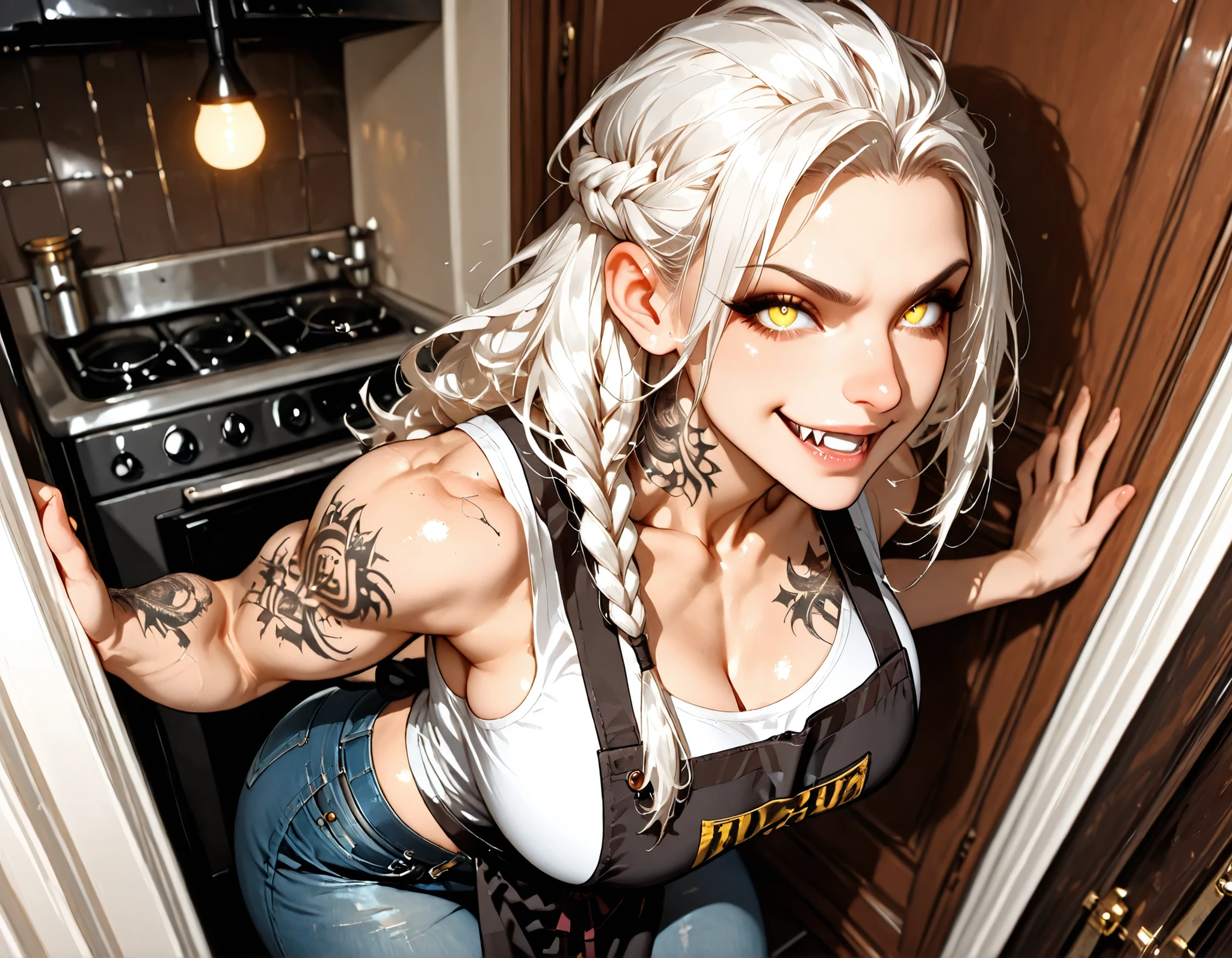 kitchen_interior, warm_tones, soft_texture, 1girl, solo, white_hair, long_hair, braid, yellow_eyes, fangs, large_breasts, muscular_female, chest_tattoo, arm_tattoo, neck_tattoo, apron, tank_top, jeans, smiling, happy, (detailed_face:1.3), (sharp jawline), (high nose bridge:1.2), soft skin, refined cheekbones, glowing_skin, arched eyebrows, visible philtrum, (cinematic lighting), (volumetric_lighting), rim light, soft shadows, (lora:Yandere Queen:0.85), (lora:SDXL high detailed. LoRA_SDXL_ARW_0010:0.75), (lora:Waifu Eyes:0.5), (lora:NKxXmo's Shaded Face:0.5), (lora:NoobAI-XL Detailer:0.6), (lora:Detail Tweaker:0.65), (masterpiece:1.2), (best quality:1.2), ultra detailed, 8k, watercolor, ((forced_perspective)), (Diminishing scale perspective:1.3)