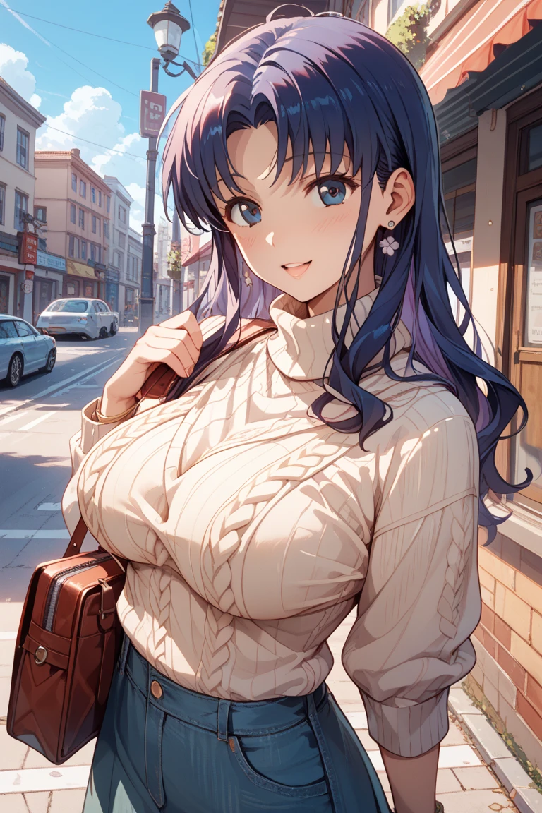 (High quality, High resolution, Fine details), Port Town, Shining Sunlight, (Vertically striped knit sweater), BREAK (long yellow skirt), solo, curvy women, BREAK black hair, sparkling eyes, (Detailed eyes:1.2), smile, blush, Sweat, Oily skin, shallow depth of field
