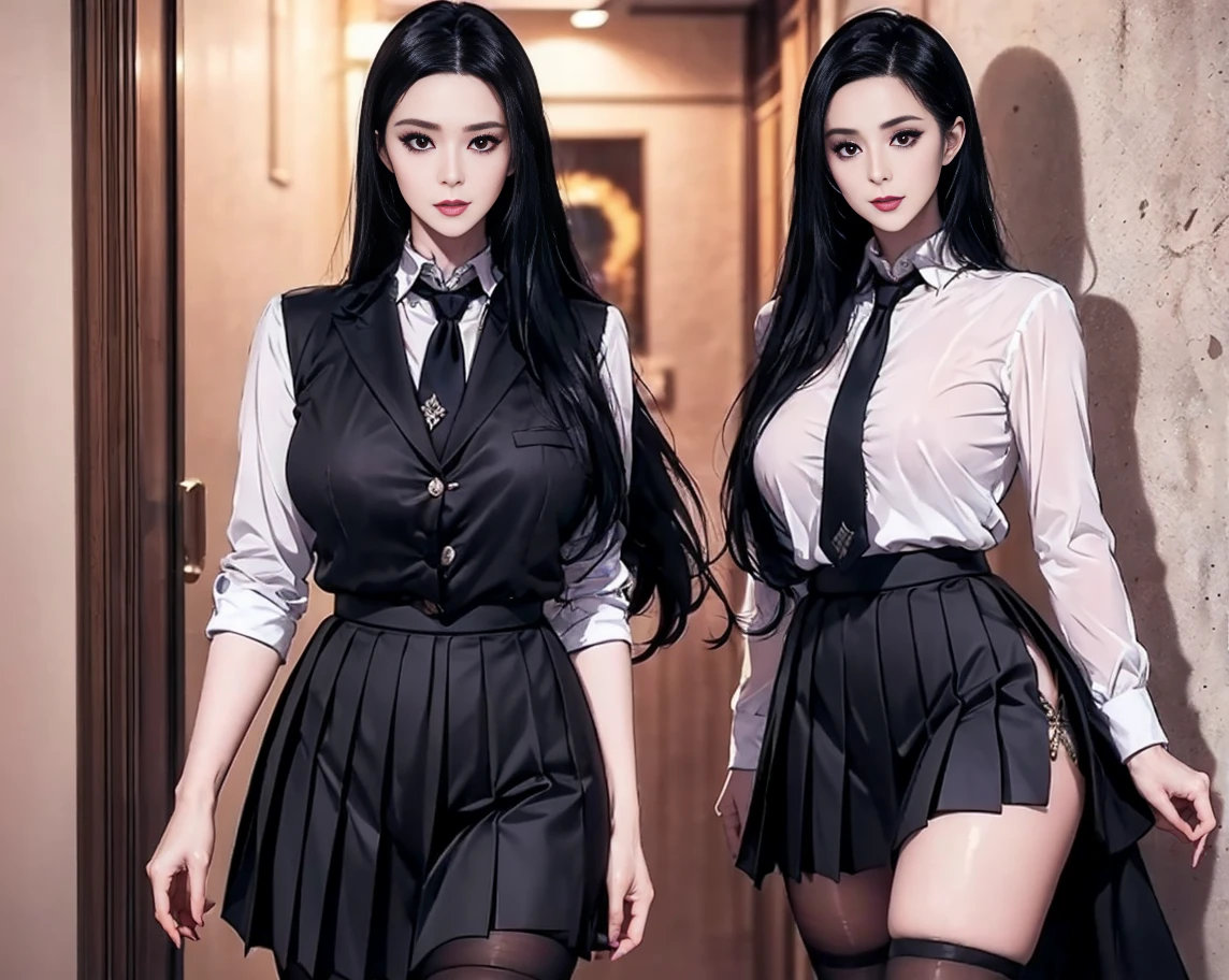 School girl lifting her  extremely short skirt, cleavage,long silver hair,gal, big boob,long led, down view, looking at the viewer, smile mace, blushing,red cheak 