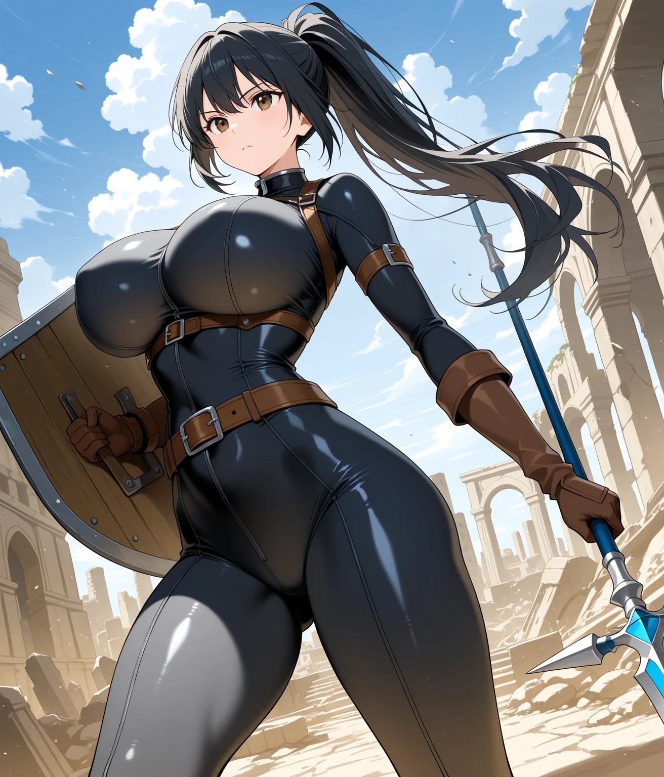 female knight Black Hair armor Torn white skirt No underwear battlefield squat