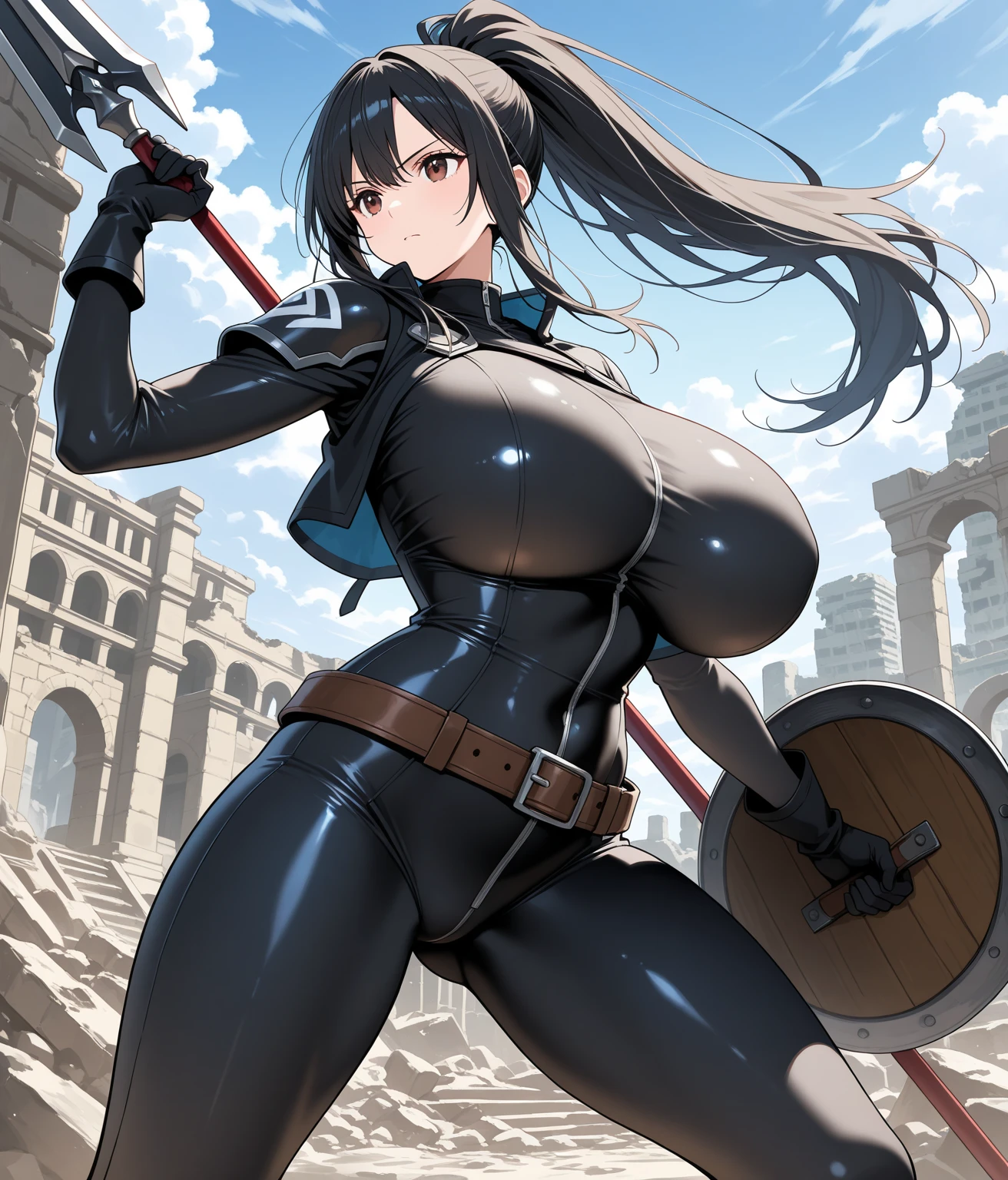 (Japanese women)、(Warrior Princess)、(Goddess of War)、(Black Hair)、(ponytail)、(Old Japanese Armor)、((Holding the Japan sword))、(True to prompts)、(Deluxe)、(Glaring with sharp eyes)、(unrealistic, Oversized breasts),(battlefield)、(grassland)、((A large number of soldiers))、(sunny)、(blue sky)、(Best lighting)、{{{Browsing Caution}}}、{{{masterpiece}}}, {{{Highest quality}}}, {{ultra-detailed}}, {{shape}}, {{{Very delicate and beautiful}}},{{extremely detailed CG}}、{{unity 8k portrait}}、{{Fabric Shading}}、{{super detailed skin}}、{{Perfect Anatomy}}、{{detailed}}、{{Dynamic Lighting}}、{{{beautiful detailed eyes}}}、{{{beautiful detailed Face}}}、(Perfect Legs)、(Perfect breasts)、(Perfect pose)、(Perfect body)