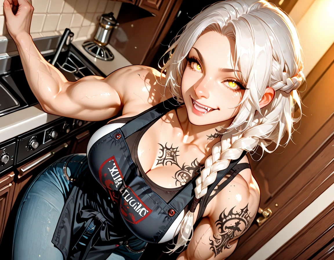 (masterpiece, best quality:1.2), extremely detailed, detailed hair, soft lighting, volumetric lighting, intricate details, finely detailed, mature female, 1girl, solo, looking at viewer, close up ,upper body, hands on hips , spread legs , muscular, muscular female, abs, thick thighs, wide hips, thick arms, medium breasts , BREAK Sophisticated midi dress with a high neckline and pleated skirt , (hair down ,sidelocks,wavy hair, low twin braids , green hair ,multicolored hair ),, chandelier earrings ,freckles ,choker , smile, (dark skin) ,tan , sweat, A cozy, country kitchen with a wood-burning stove, <lora:add_detail:0.5>, <lora:fueV3LOL-000009:0.9>