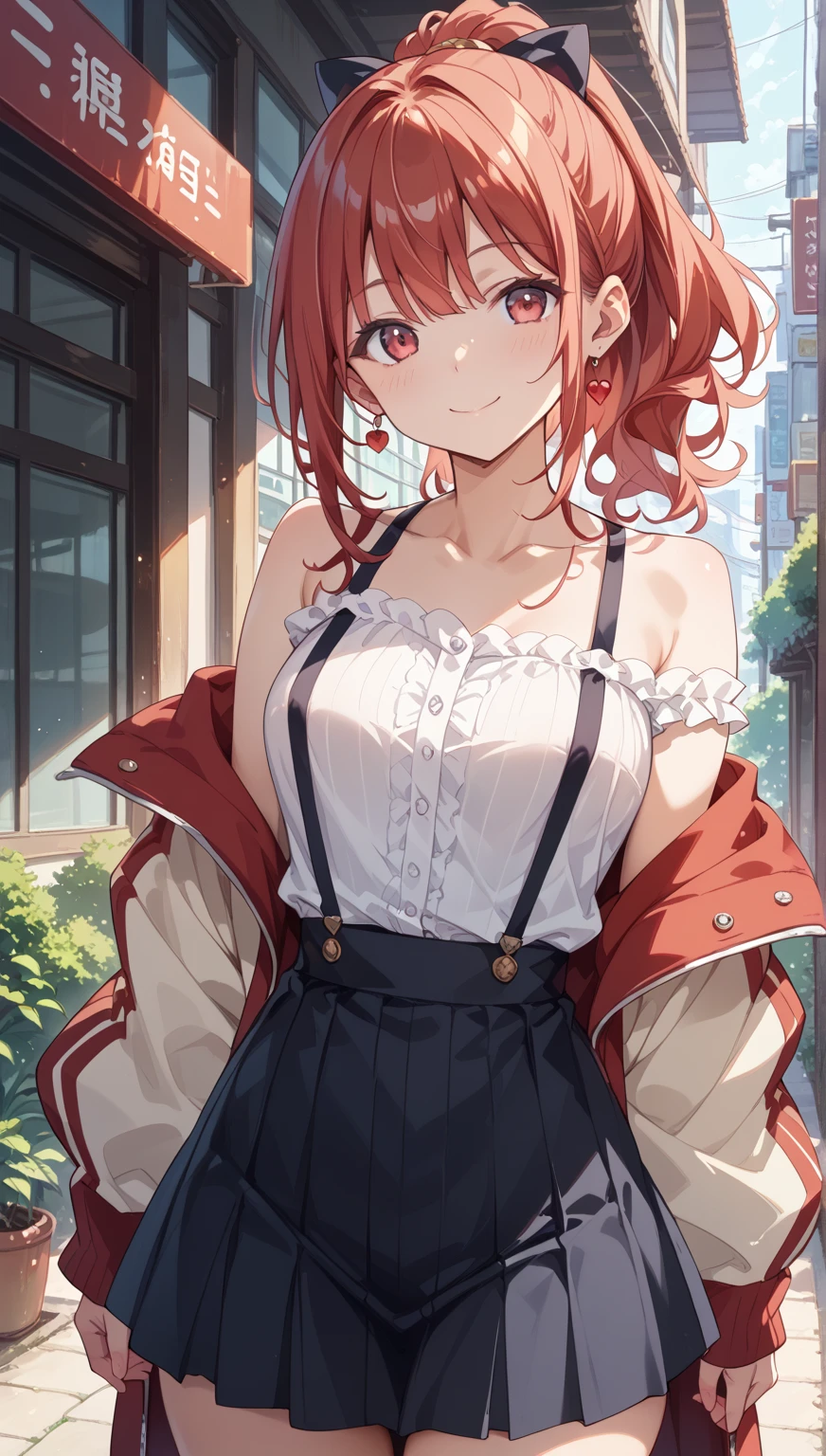 An anime girl with red hair and blue eyes wearing a skirt and an open shirt revealing a black and red bra