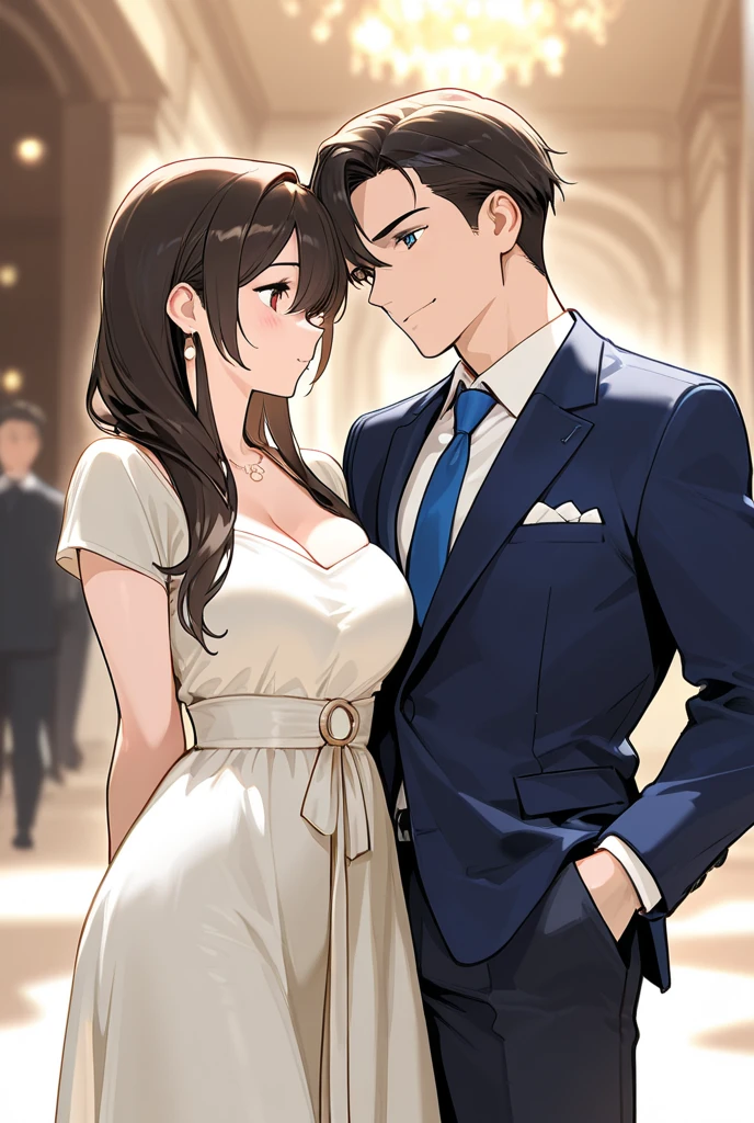 Brown haired milf princess, hugging a 17 year old gentleman dressed to the nines. 