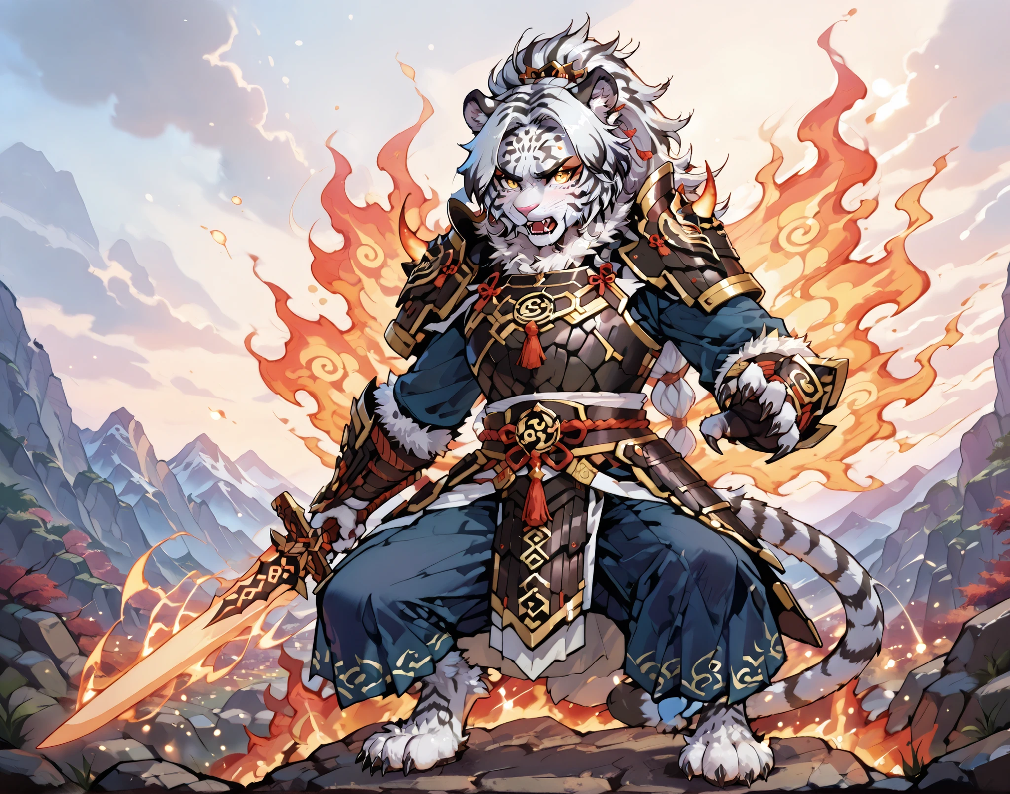 Epic battle scene between an anthropomorphic fiery wolf warrior and a white tiger warrior, both wearing dark fantasy armor, clashing in a burst of magical energy. The wolf has flames coming from his mane and wings, while the white tiger emits icy blue aura and wields a glowing sword. Ancient runes float in the air, a magical circle shines at the point of impact, and the background shows a dramatic mountain landscape with fire and lightning effects. Cinematic lighting, highly detailed, dynamic motion