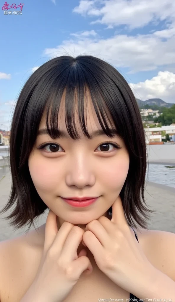 black hair, hair bobbles, wince, longeyelashes, solid circle eyes, light smile, ear blush, fang, black hair, curly hair, mole under eye, smile, Surrealism, drop shadow, anaglyph, stereogram, tachi-e, pov, atmospheric perspective, Social realism, 8k, super detail, ccurate, best quality Chinesegirl