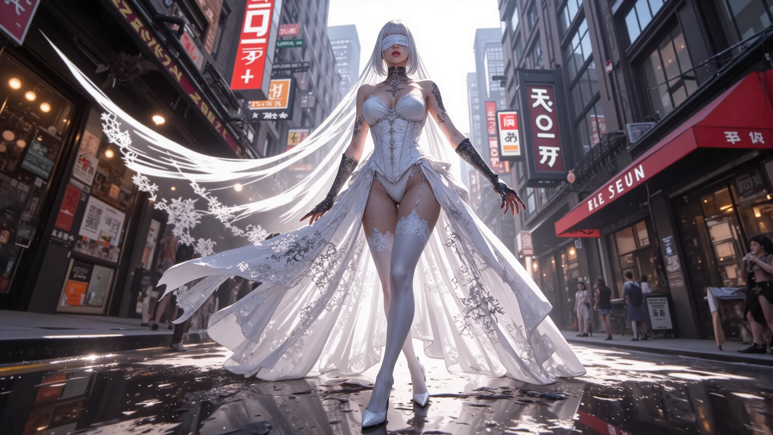 (official art, unity 8k wallpaper, ultra detailed, beautiful and aesthetic, fractal art:1.5), beautiful, masterpiece, best quality, (1girl, solo:1.2),
_
BREAK cute ig model, Japanese cute model, 22 years old, medium large breasts, cleavage, slender waist, toned arms, toned thighs, medium Buttocks, small head, small face, small mouth, diamond Face, small nose, Sharp Faceline, smile,Teeth, (dropy eyes, Double eyelid, Light color eyes, Moist eyes, Shiny eyes:1.2), Detailed face, Detailed eyes, Detailed hair, Shiny hair, Shiny skin, five fingers, Detailed fingers,
_
BREAK (simple modern Artistic background:1.3), (blurry:1.4), front lightning,
_
(smile, Teeth:1.3),(face up:1.4), from side, Focus eyes,
_
BREAK (cyberpunk wedding dress theme:1.3), (full-body white lace and frill gown:1.2), (revealing neckline with intricate lace:1.4), (elongated skirt trailing gracefully on the floor:1.3), (silver metallic cyber enhancements on the gown:1.3), (high slit skirt with neon trim transformed into a flowing train:1.4),
BREAK (white lace gloves:1.3), (silver lace-up stiletto boots:1.2), (glowing cybernetic tiara:1.4), (subtle holographic floral patterns:1.3), (fusion of traditional veil and cybernetic wires:1.3),
BREAK (hovering bouquet of neon roses:1.2), (silver and white lace garter belt:1.2), (subdued LED lights in lace details:1.3), (virtual reality wedding ring:1.2),
BREAK (subtle cyberpunk makeup:1.2), (shimmering holographic nail polish:1.3), (glowing circuit-patterned veil extending from the head to the floor:1.3), (fusion of sensuality and technology:1.3),