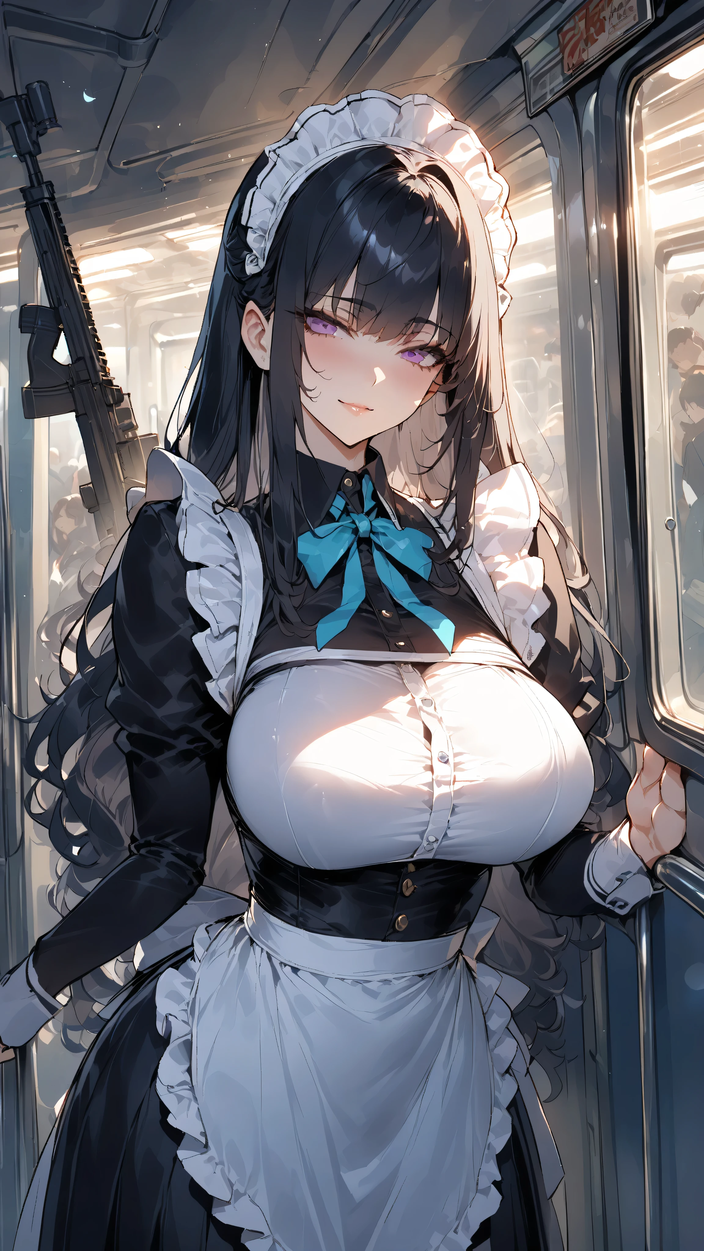 (masterpiece, Highest Quality, absurd), One person girl,mature,mature,5,black hair, straight long hair in a subway car, Bangs bangs, Big Breasts, thin waist, purple eyes, petals, Blue Tanned Skin , indoor, gun shop,assault rifle,maid,black long skirt,maid headdress, maid apron, cowboy shot, , Thin Smile , Tilting Your Head,