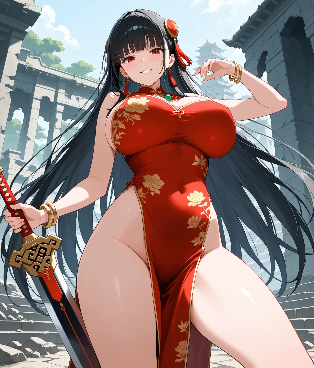 sayuri, 1girl, long hair, blush, lipstick, jewelry, earrings, masterpiece, best quality, highly detailed, a anime girls in china dress with navel cutout holding a gun
posing for a picture, navel cutout, crop top, china dress, ecchi anime style, evil smile, open mouth,
smile, anime girls, ecchi style, ecchi, digital anime art!!, in anime style, official artwork, (nsfw) not safe
for work, beautiful anime girl, anime style 4 k, pelvic curtain, exposed belly, exposed navel, exposed
midriff, exposed lower belly, holding a gun, chinatown, outdoor,street,road, navel piercing