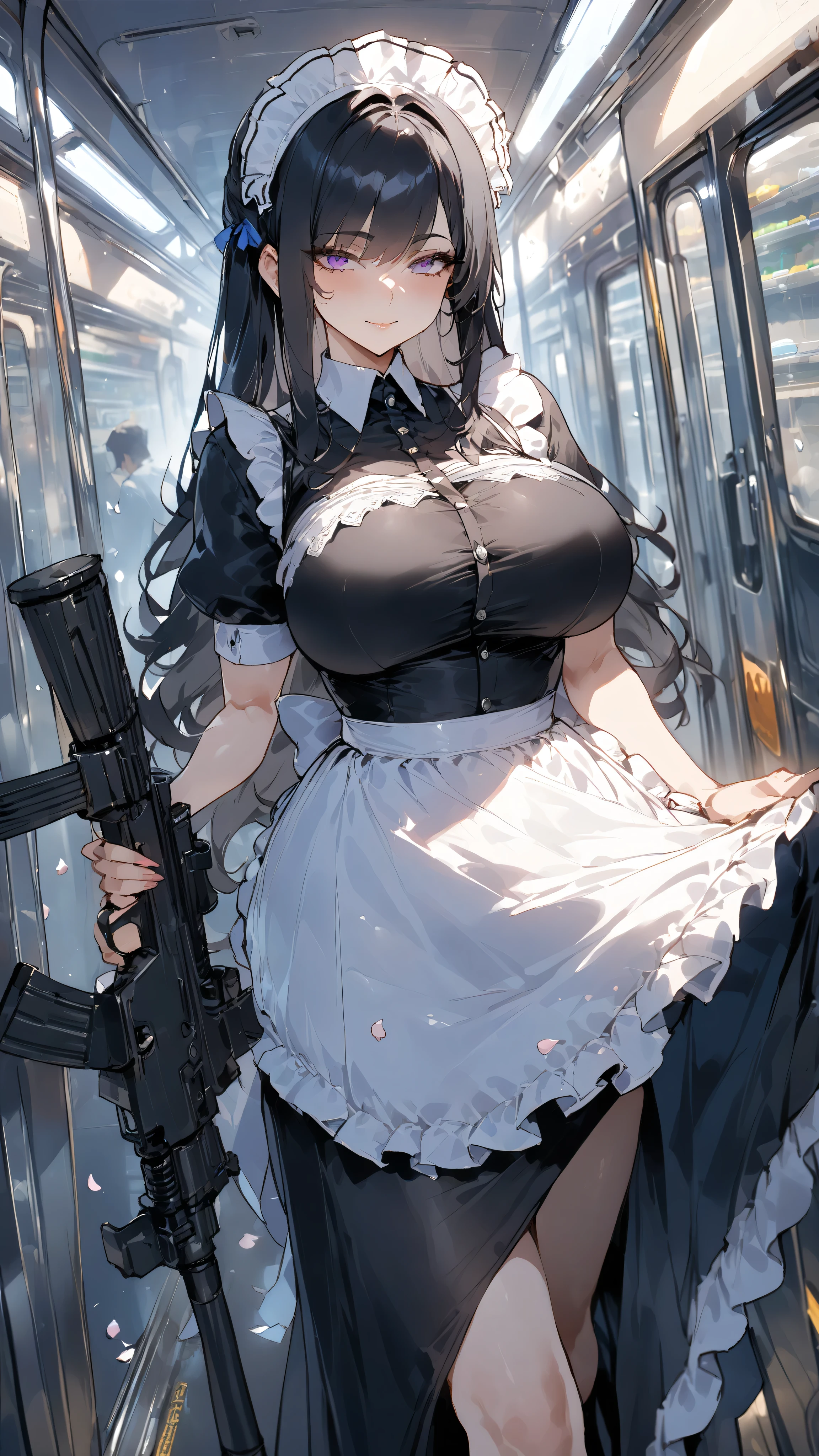 (masterpiece, Highest Quality, absurd), One person girl,mature,mature,5,black hair, straight long hair in a subway car, Bangs bangs, Big Breasts, thin waist, purple eyes, petals, Blue Tanned Skin , indoor, gun shop,assault rifle,maid,black long skirt,maid headdress, maid apron, cowboy shot, , Thin Smile , Tilting Your Head,