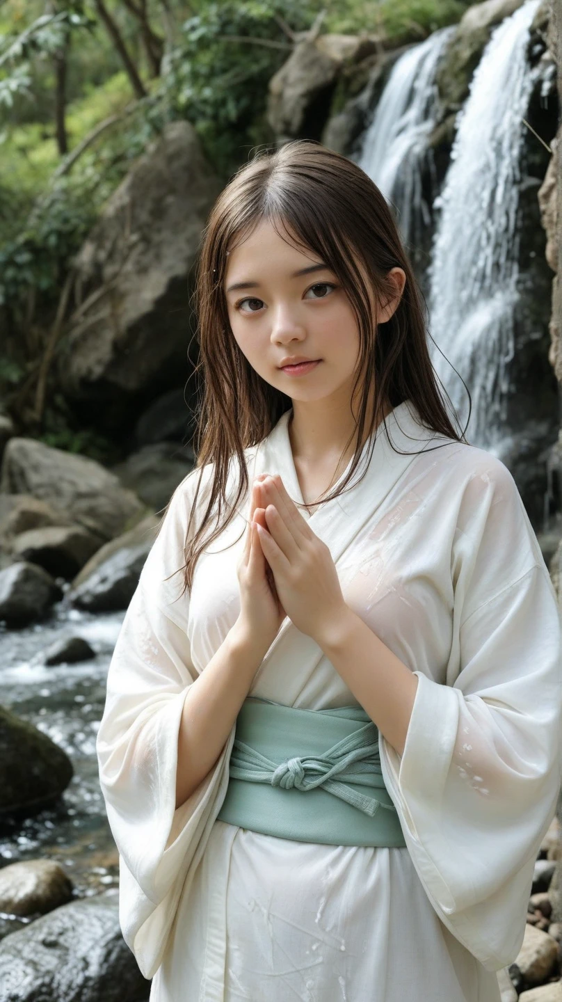 girl、White Kimono、My whole body is soaked and my naked body is see-through、Being hit by a waterfall。calm atmosphere、Silence。Female in her late s、brown hair、wet hair、White Relaxed Kimono、praying pose、put your hands together。gentle expression、eye、心のSilence。Waterfall Splashes and Splashes、Rock and Stone Background。Light Teal and Grey Shades、Water texture。natural light、soft lighting、gentle atmosphere。 Traditional Japanese Beauty 、Silence、Meditative Atmosphere。PHOTOGRAPHIC DETATION 、Traditional Style。Horizontal composition、Eye height。