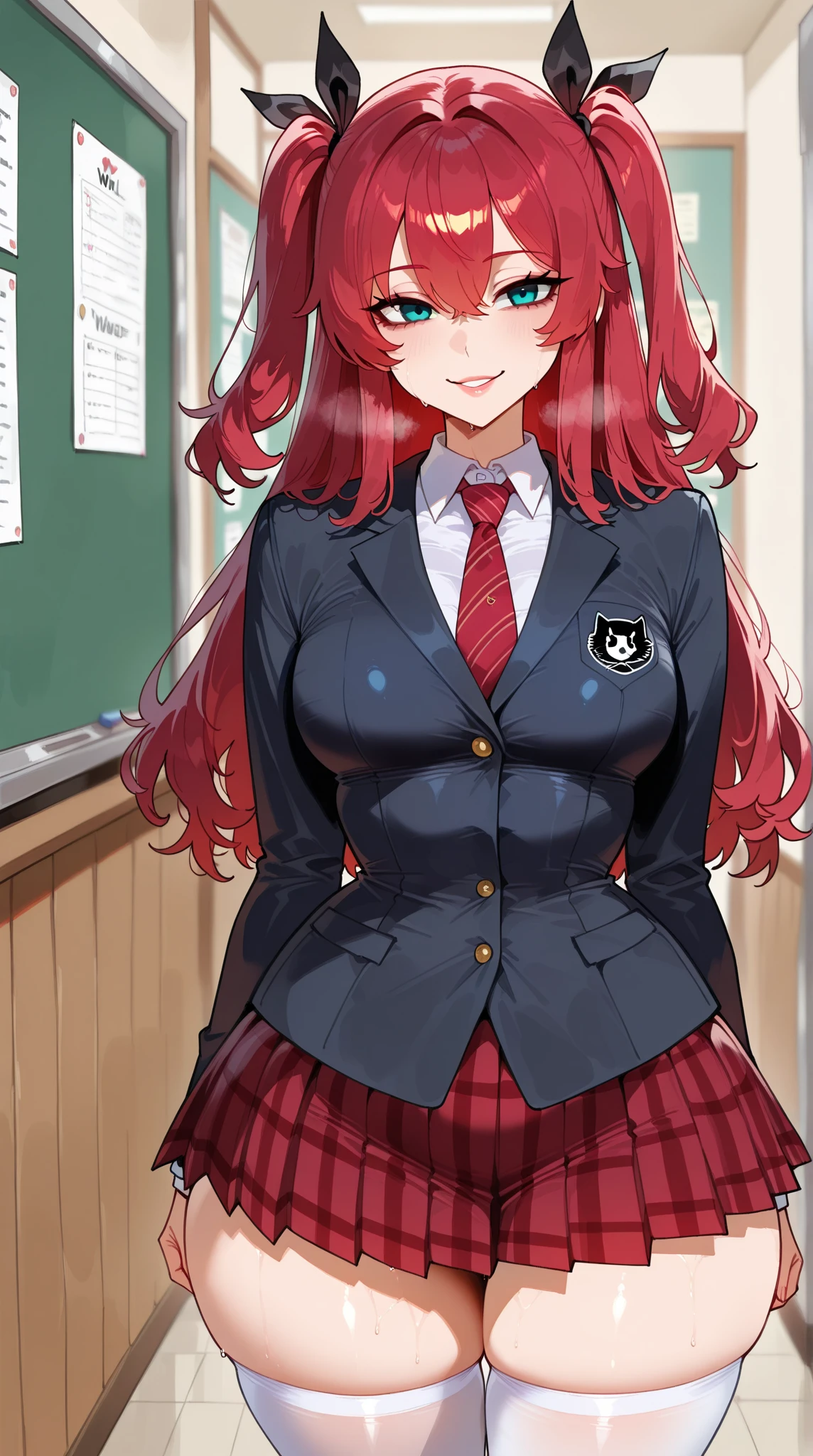 masterpiece, best quality, absurdres, perfect anatomy, 1girl, solo, Yoshizawa Sumire, long hair, glasses, black jacket, plaid skirt, black pantyhose, white shirt, standing, smile, large breasts, blushing, erect nipples, areola, cleavage, bimbo, tan skin, gradient hair